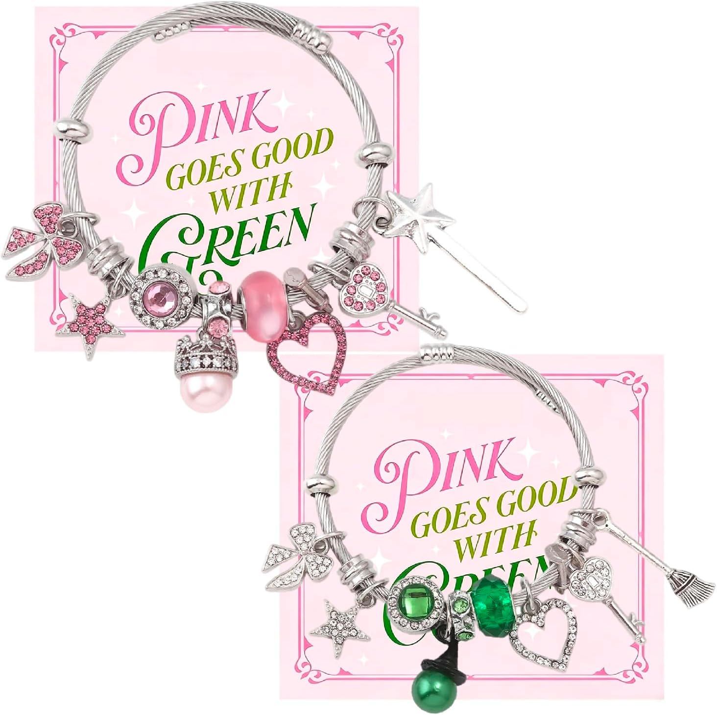2 Pcs Elphaba Glinda Matching Friendship Charm Bracelets Merch With Gift Cards,With Sparkly Crown&Witch Hat,Witch Bracelet,Witch Jewelry,Wicked Friendship Gifts For Best Friend-Couples-Birthday-Party Favor