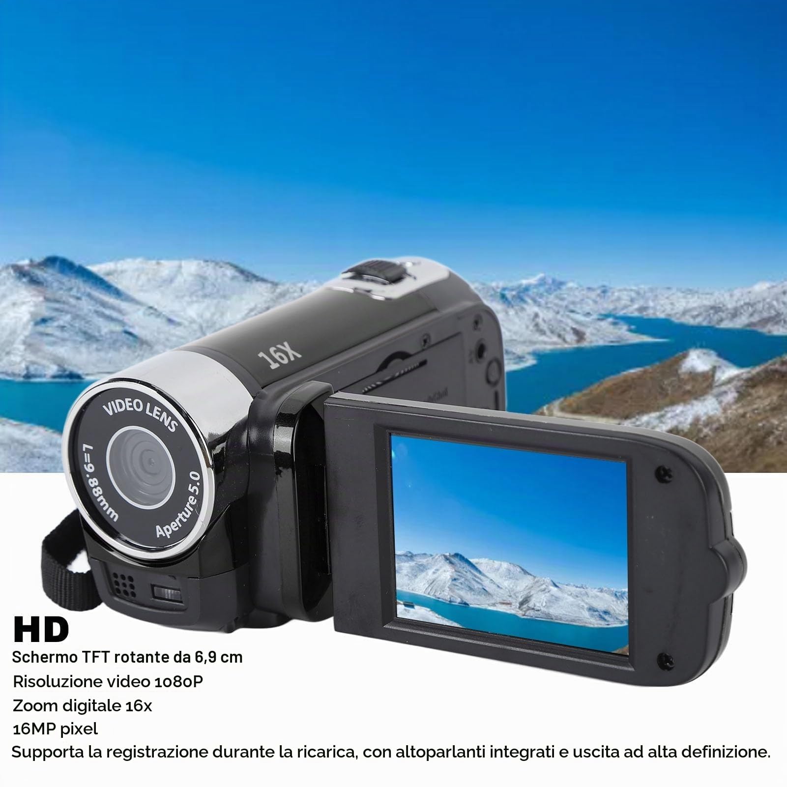 Ejoyous Camcorder Videocamera, 4K 48MP DV-Kamera Videocamera 2,7 Pollici Display TFT Girevole 16X Zoom Digitale Fotocamera Compatta con Cavo USB (BLACK)
