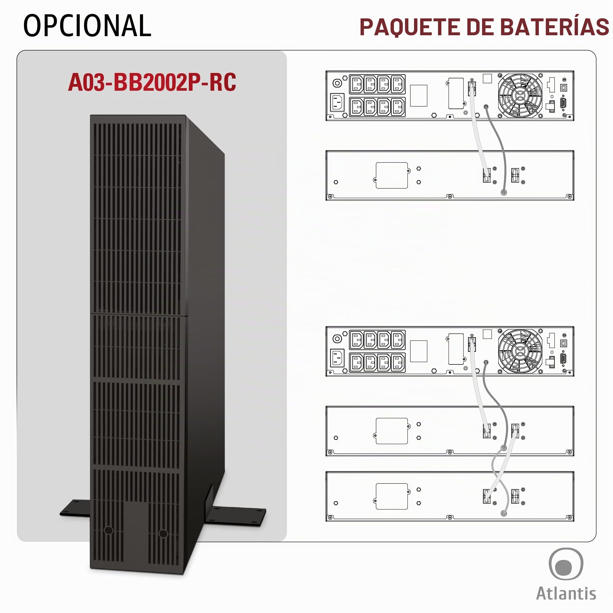 Atlantis A03-OP2002P-RC PRO UPS Sistema de alimentación ininterrumpida OnLine doble conversión onda sinusoidal pura 2000VA 1800W, servidor RACK, pantalla LCD, USB, RS232, 8 IEC, ranura SNMP, 4x12V 9Ah