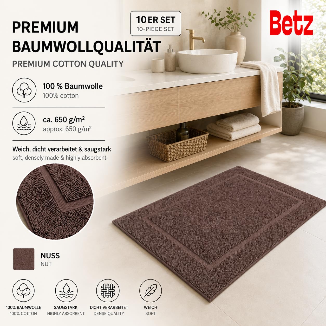 Betz Set di 10 scendibagni tappeto da bagno PREMIUM 100% cotone qualità 650 g/m² 50x70 cm colore marrone