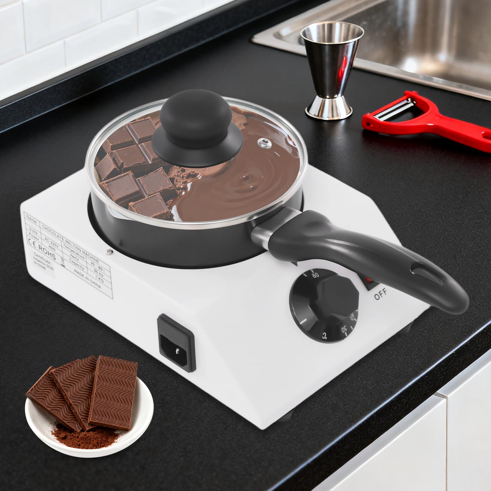 Derretidor de chocolate eléctrico, derretidor de chocolate eléctrico, máquina de fusión de chocolate con tapa, 40 W, 30-85 °C, para chocolate, mantequilla, queso