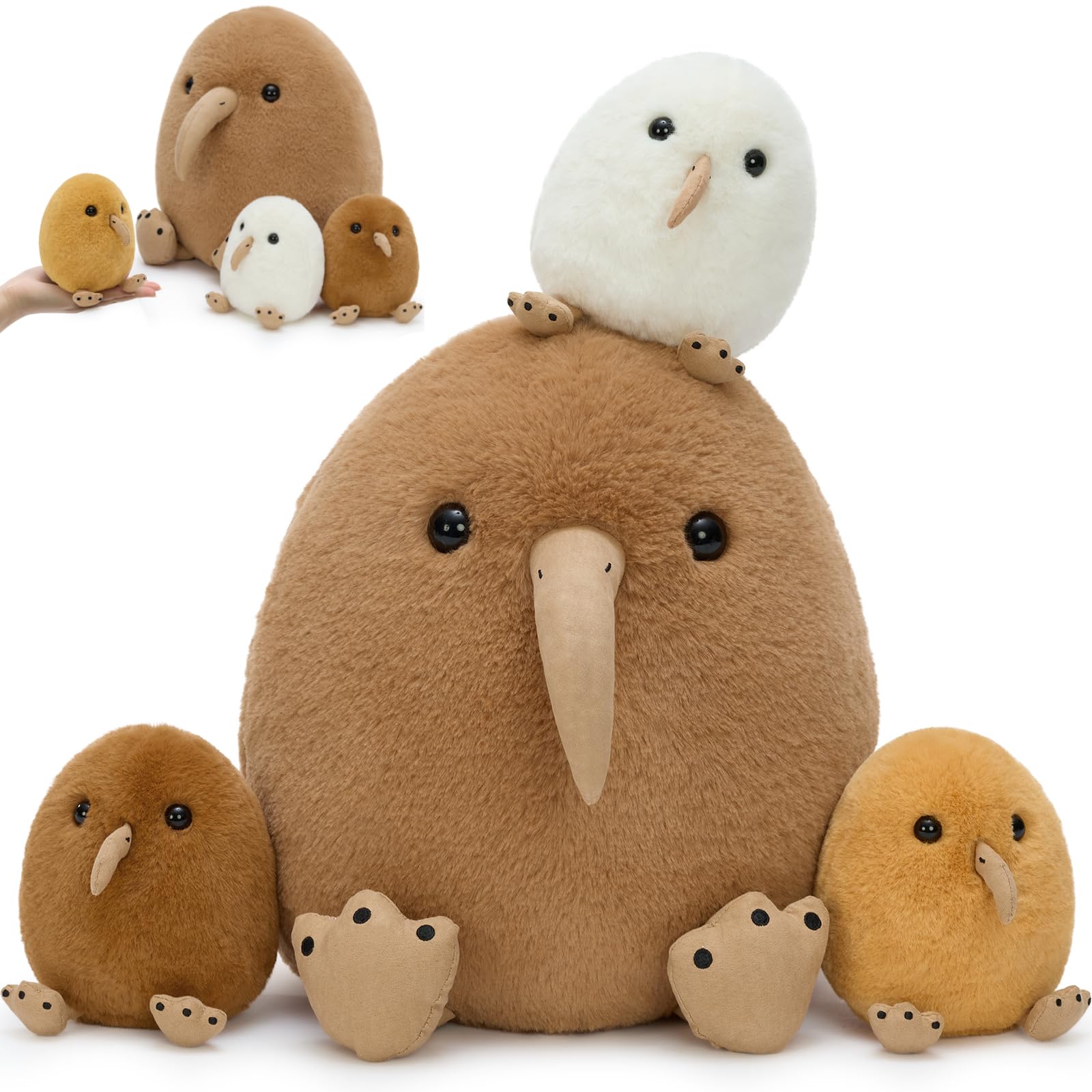 MorisMos Plush Kiwi Bird Toys for Kids, Realistic Mommy Kiwi Bird Stuffed Animal with 3 Baby Chicks, Soft Machine Washable Plush toy, Educational & Role Playset Gift for Birthday Baby Shower Christmas