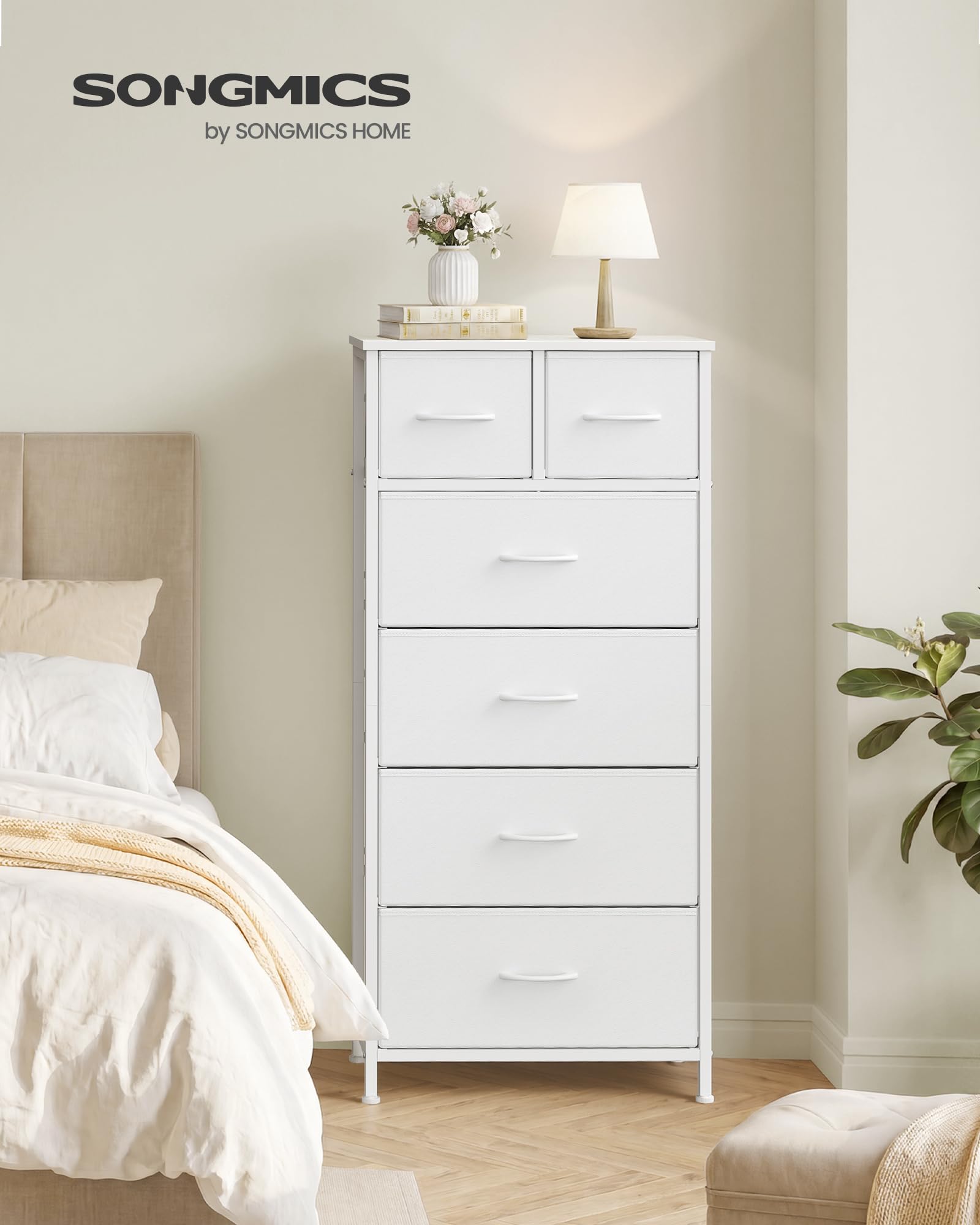 SONGMICS Cassettiera, Mobiletto con 6 Cassetti in Tessuto, Organizer per Armadio, Struttura in Acciaio, 50,6 x 30 x 117,7 cm, per Camera da Letto, Bianco Neve, Collezione BELLAH LGS541W101