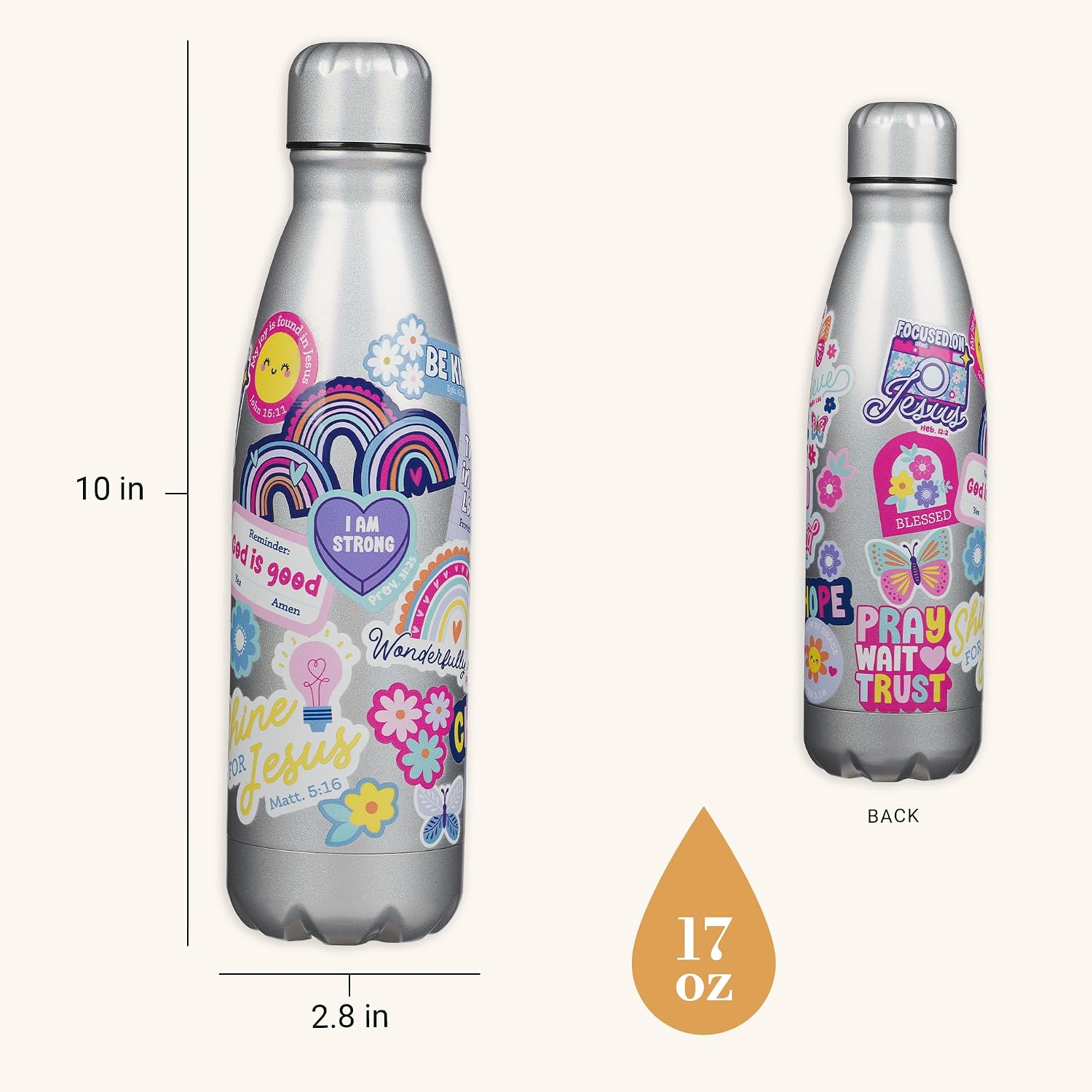 Christian Art Gifts Slim Stainless Steel Water Bottle for Girls: Shine for Jesus Encouraging Scripture, All Day Hot & Cold Liquids, Leak & Spill-proof, Silver Multicolor Floral Sticker Design, 17 oz.