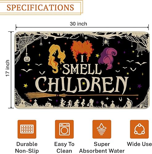 Miniatura 3 de Tapete para puerta de bruja de Halloween, con texto en inglés "I Smell Children", tapete de bienvenida al aire libre, tapete de Halloween, tapete de