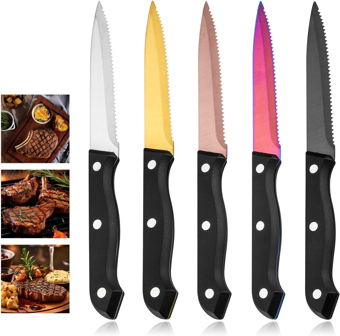 Silverware Flatware Set, 1/4/6/8/10/12 Pieces Steak Knives, Stainless Steel Plastic Handle Hotel Serrated Steak Knives(Gold,12 Pieces)