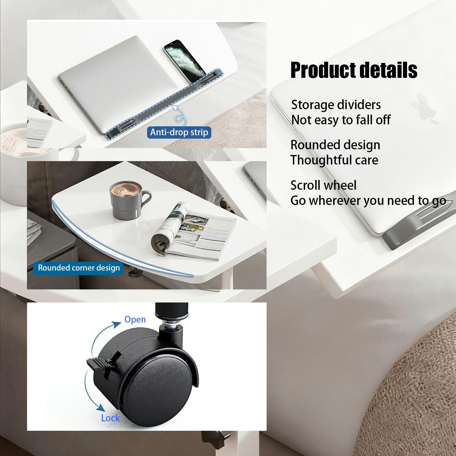 Tavolino Servitore Letto,Carrello Con Ruote Dotate Di Freno,60x40 Cm,Con 2 Barre Antiscivolo,Adatto Per Uso Con Tavolo,Divano o Letto,Supporto Per Laptop Con Altezza e Angolazione Regolabili (Bianco)
