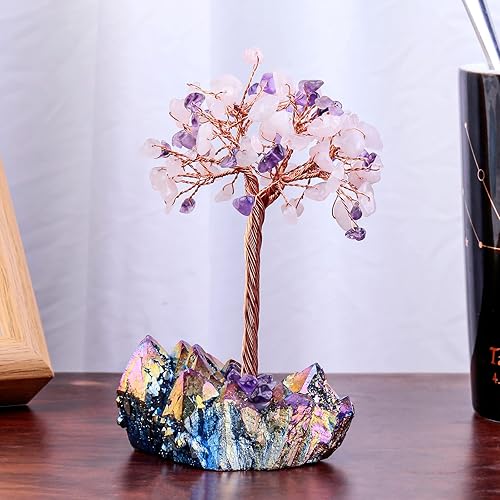 Miniatura 2 de rockcloud Árbol de dinero de cristal Feng Shui Bonsái con base de cuarzo de cristal recubierto de titanio, decoración para riqueza y suerte,