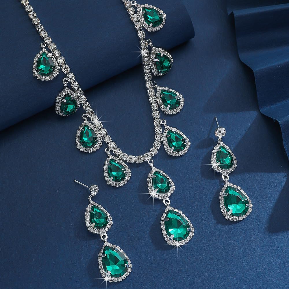 Teardrop Crystal Peacock Silver Necklace Dangle Drop Earrings Women Wedding Costume Jewelry Set - Image 4