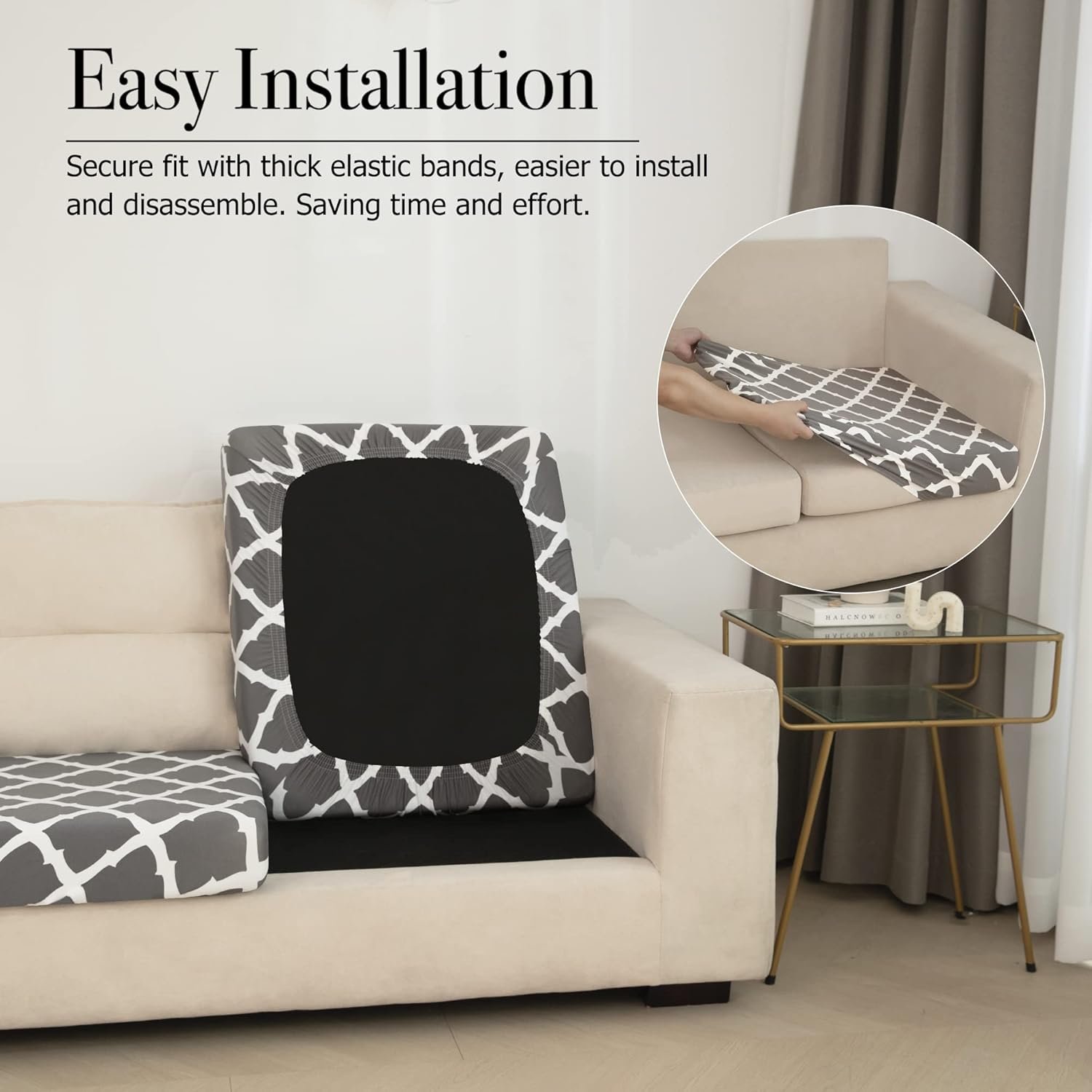 UCCONO Printed Sofa Cushion Covers for Stretch Water Repellent Couch Seat Slipcovers Replacement Soft Protector Elastic with Bottom (Grey, Small-2PC)