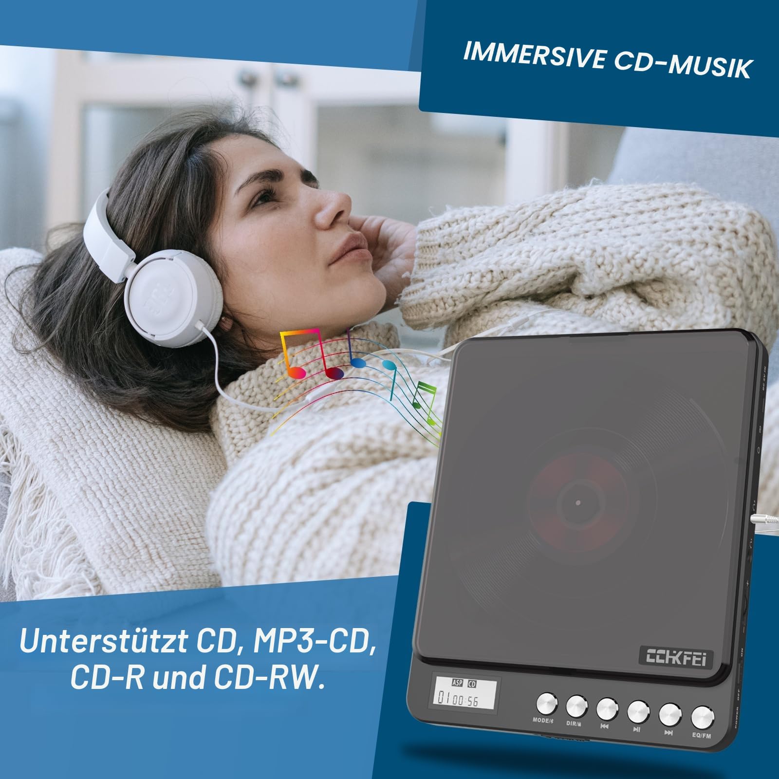 Tragbarer CD-Player Bluetooth mit Kopfhörern, Wiederaufladbarer CD Player Tragbar mit Lautsprecher und FM Transmitter 2000mAh Lithium-Akku Discman CD Players Tragbar für Erwachsene Studenten Kinder