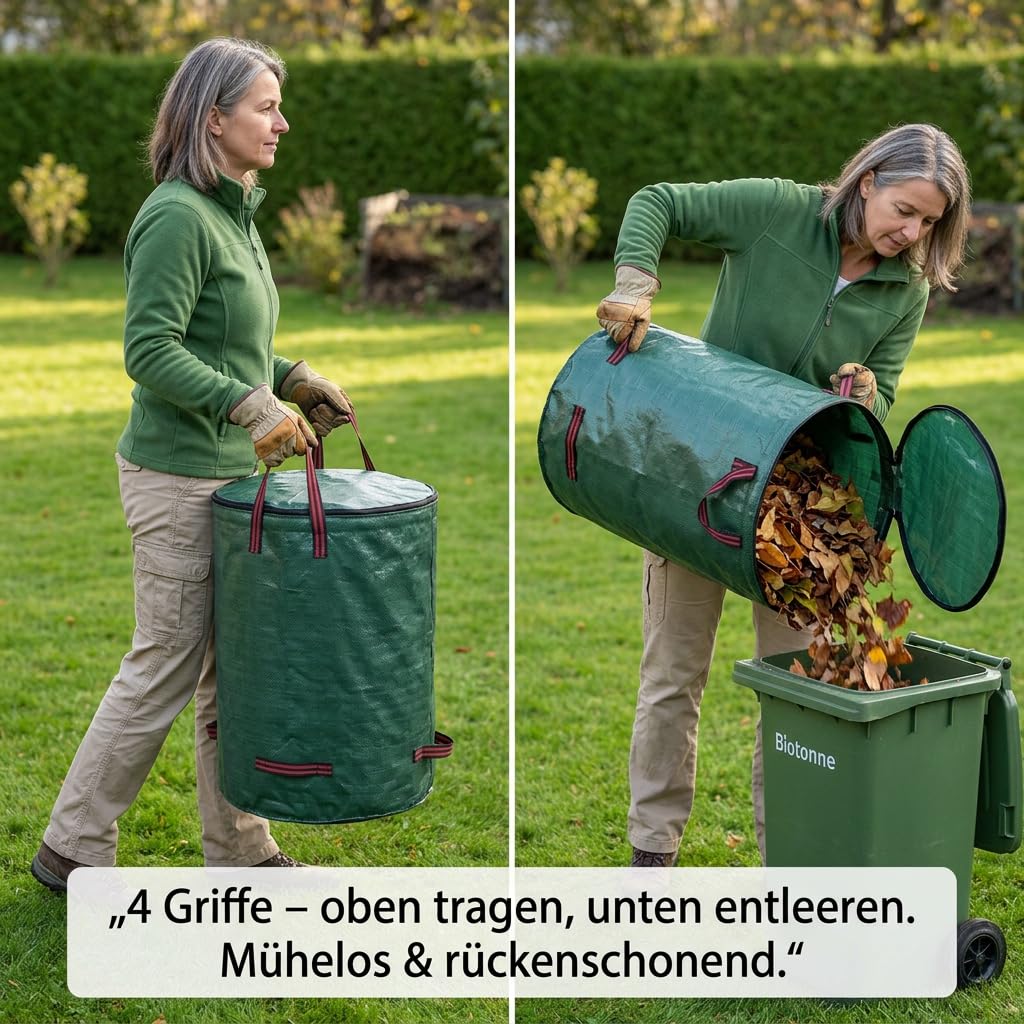 Sacco per rifiuti da giardino, 120 l, con coperchio, set da 2 pezzi, impermeabile, in tessuto PP, pieghevole e riutilizzabile, con manici e passanti per terreno, ideale per erba, foglie, taglio verde