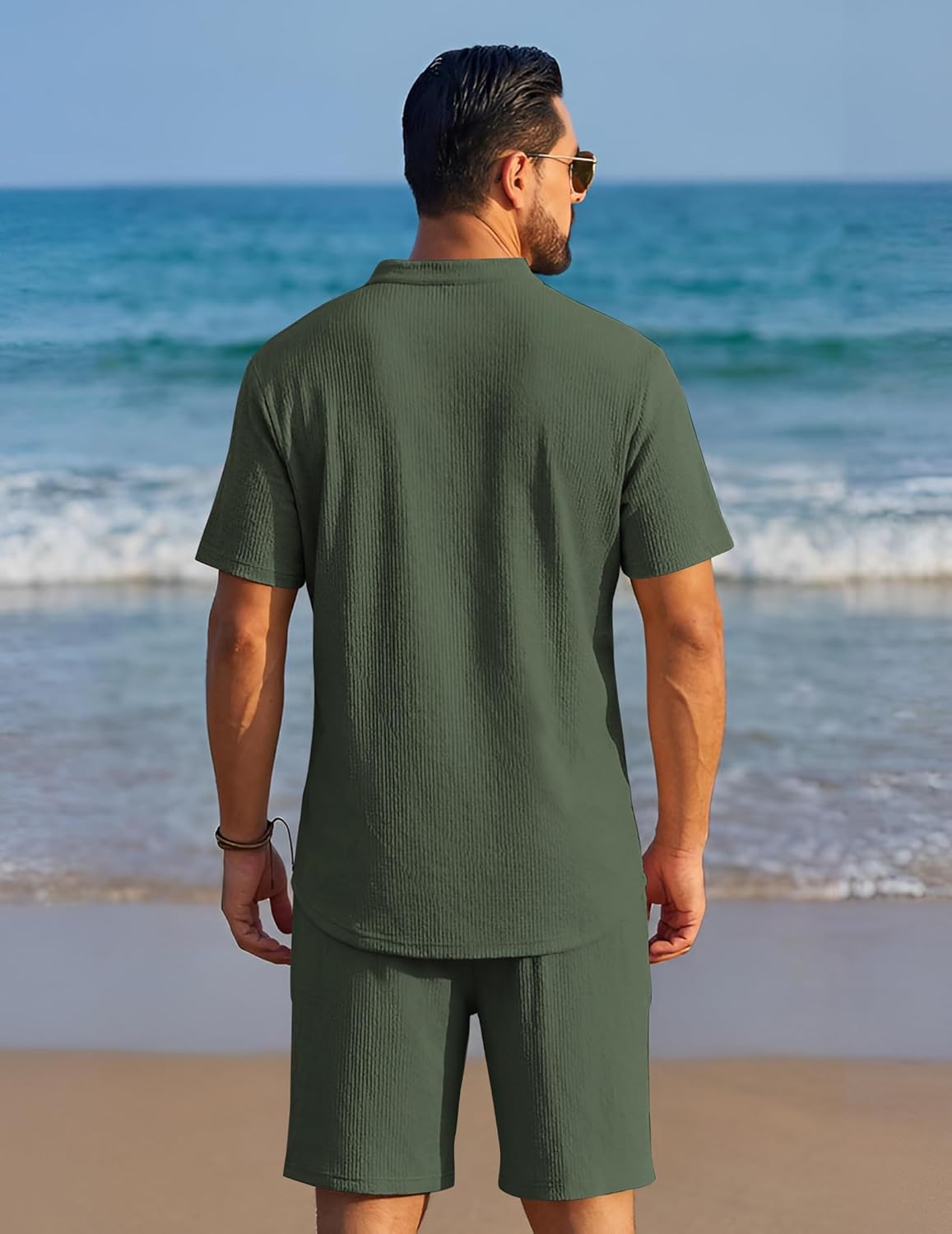 COOFANDY Men's 2 Piece Summer Beach Outfits, Textured Casual Henley Shirt and Shorts Set - Image 4