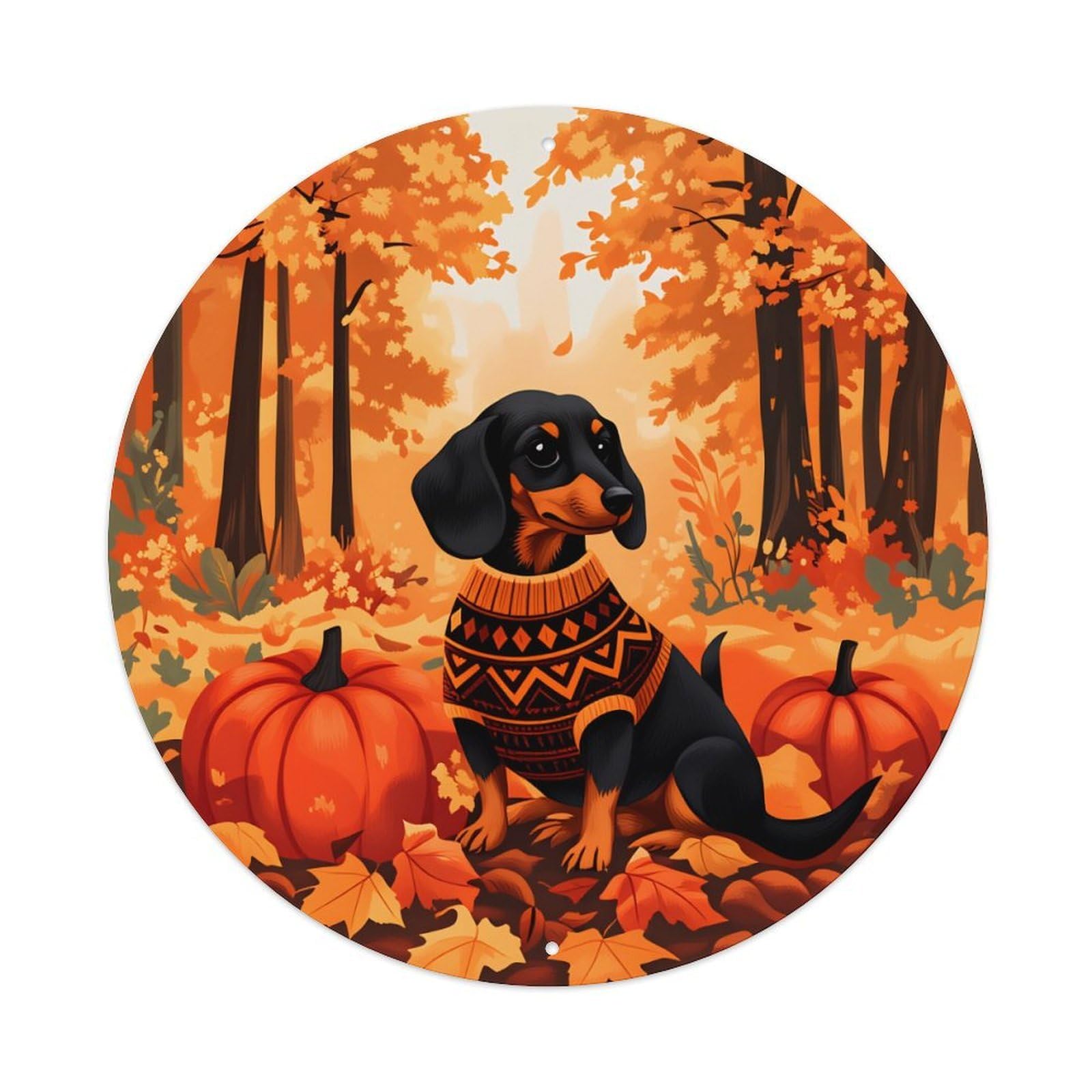 Autumn Leaves Pumpkin Dog Sweater Forest Scene Metal Tin Sign Plaque