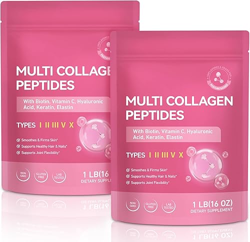 Polvo de péptidos de colágeno múltiple - Tipos I, II, III, V, X - 2 libras sin sabor - con biotina, ácido hialurónico y vitamina C - Keto y Paleo,