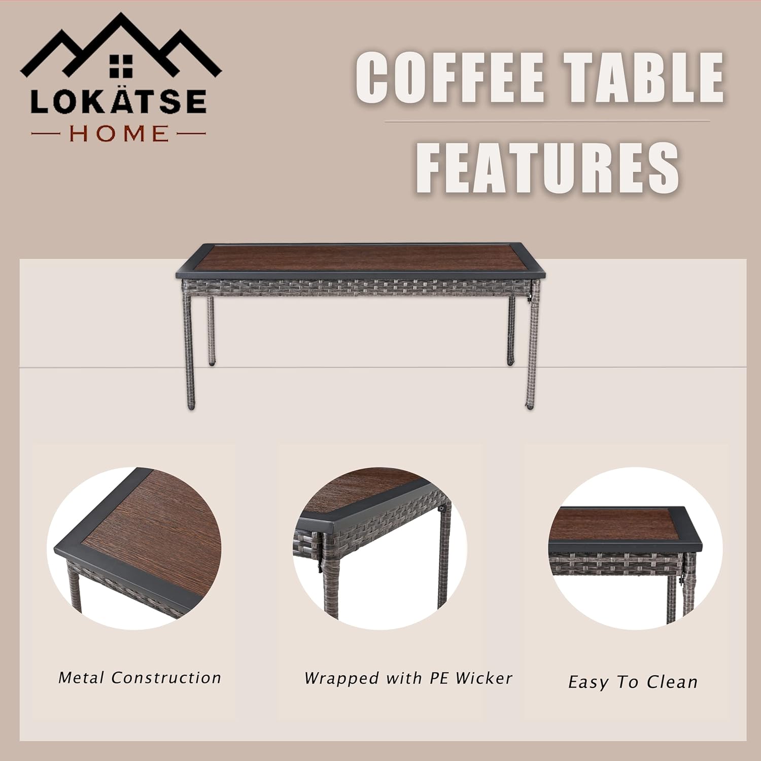 LOKATSE HOME Outdoor Rectangle Coffee Table for Backyard Deck Garden Porch, Brown