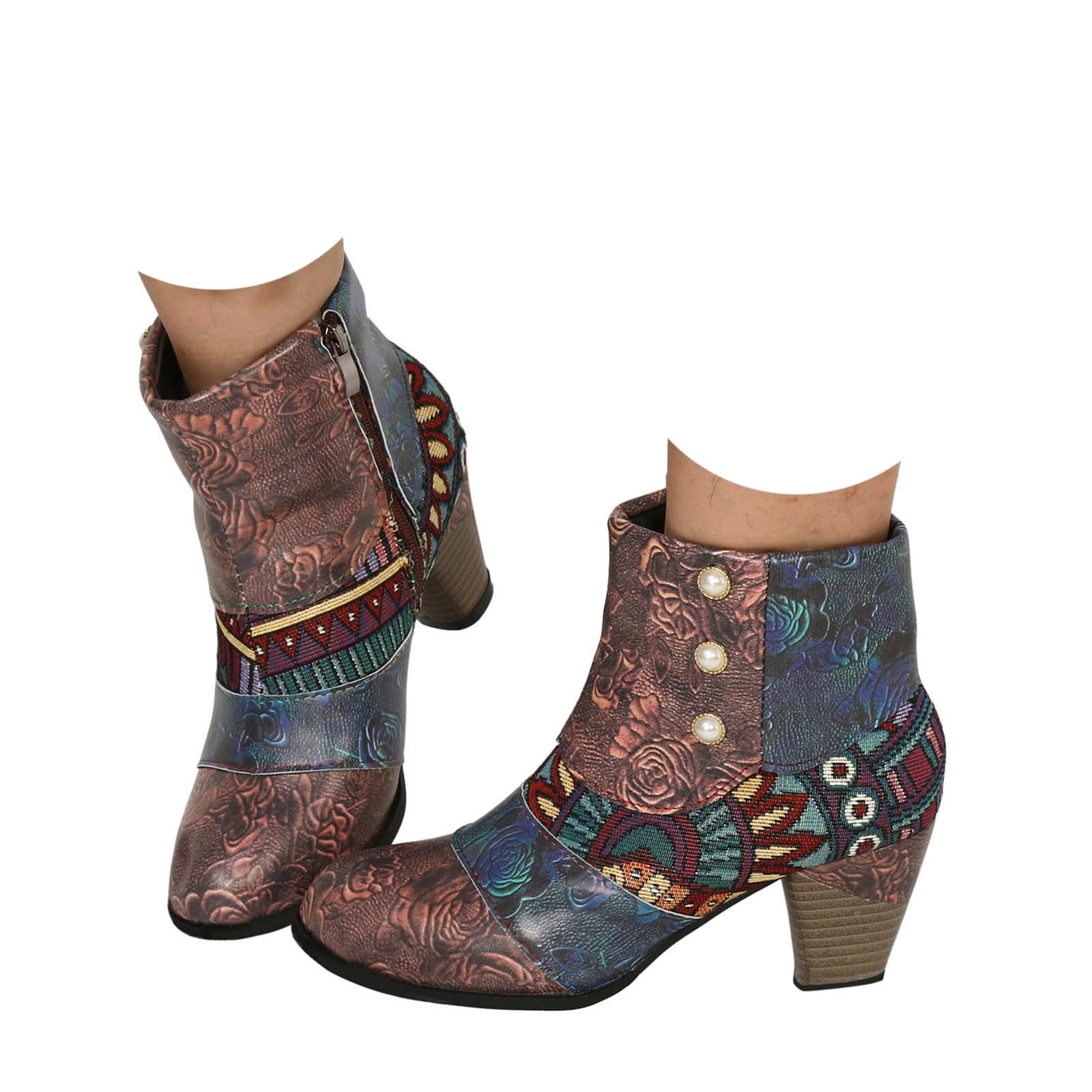 Boho Boots for Women Leather Round Toe Pump Ankle Booties Bohemian Shoes Womens Slip On Vintage Western Boots