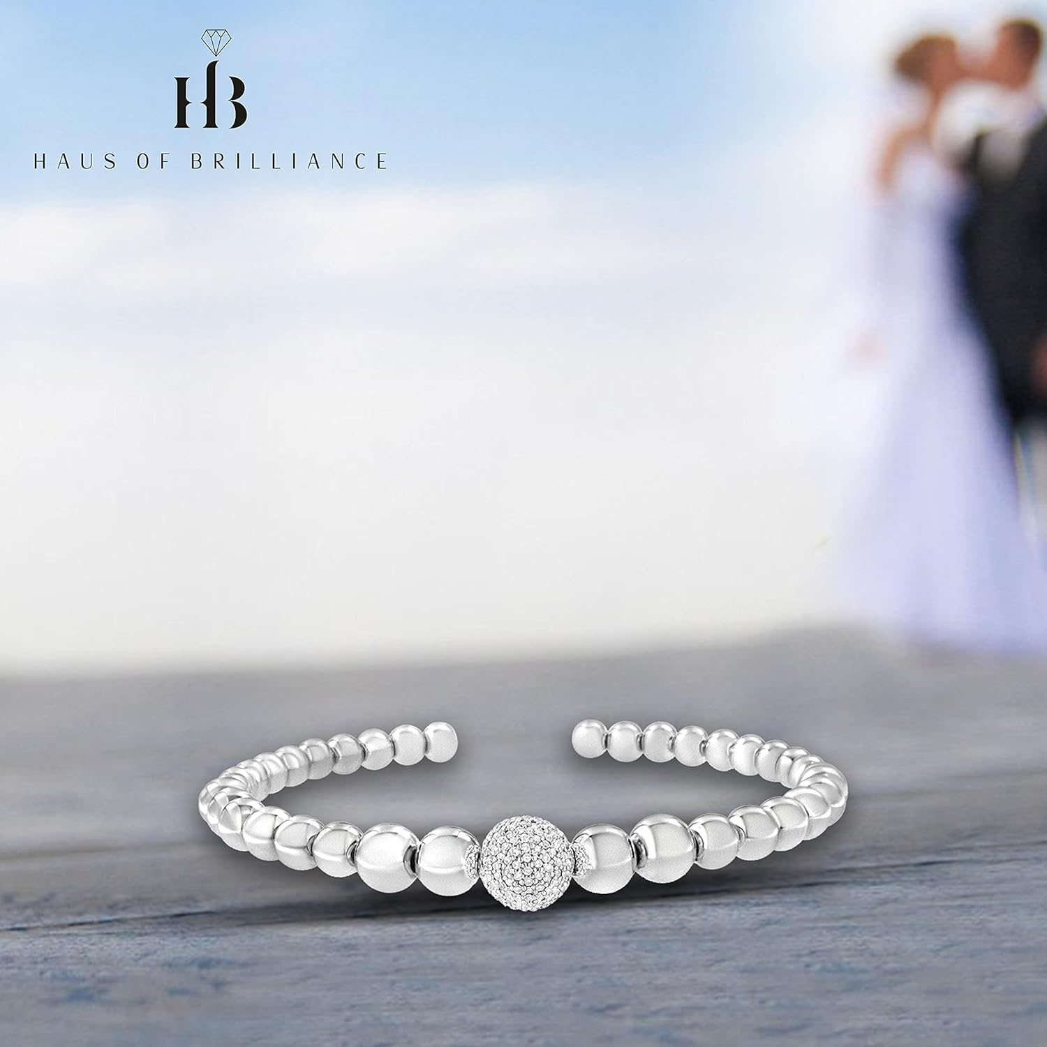 Haus of Brilliance .925 Sterling Silver 1/6 Cttw Diamond Rondelle Graduated Ball Bead Cuff Bangle Bracelet (I-J color, I2-I3 clarity) - Fits wrists up to 7 1/2 inches