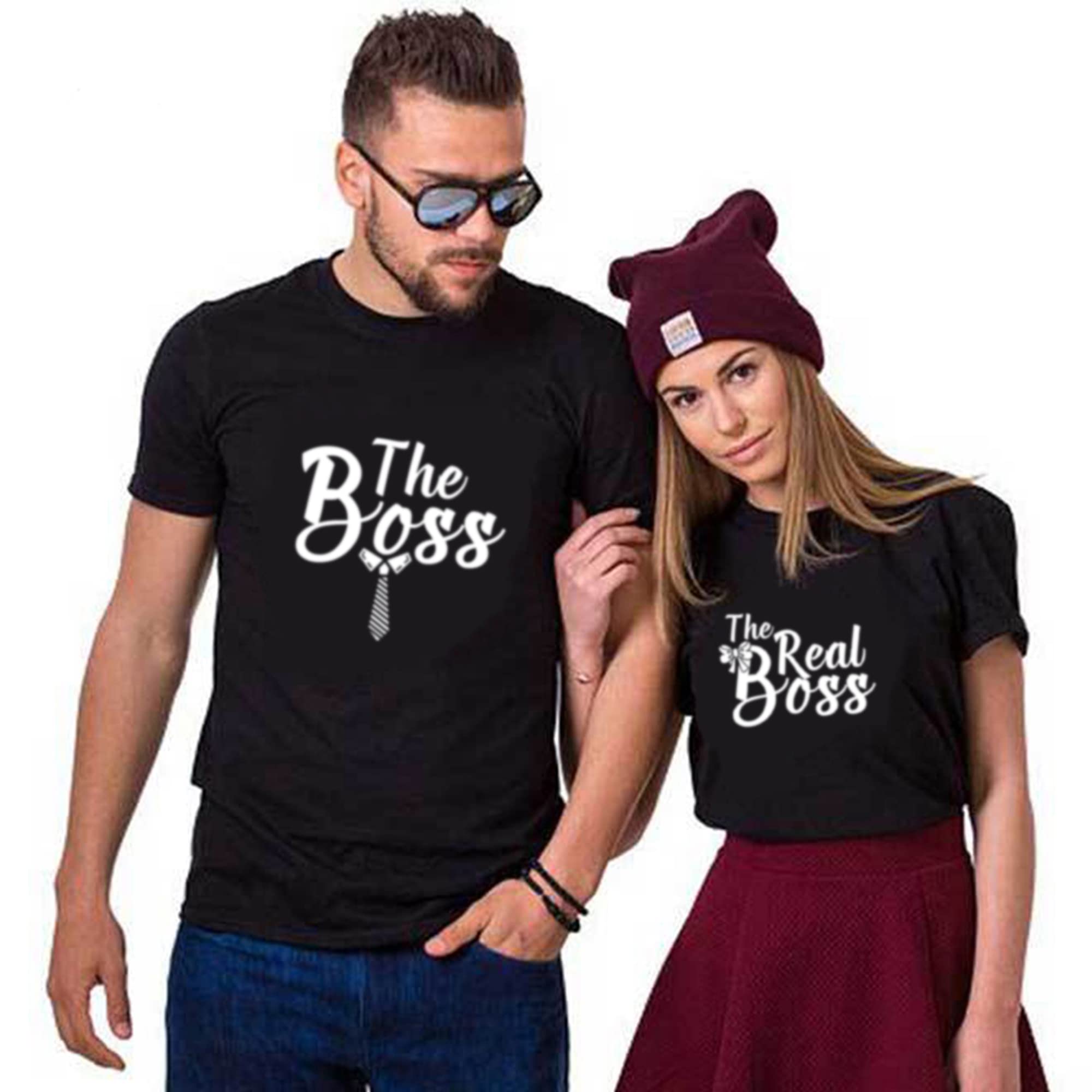 KMDebhelBoss and Real Boss Matching Couple T-Shirt for Husband Wife,Pure Cotton Matching T-Shirt for Lover（Pack of 1 T-Shirt）