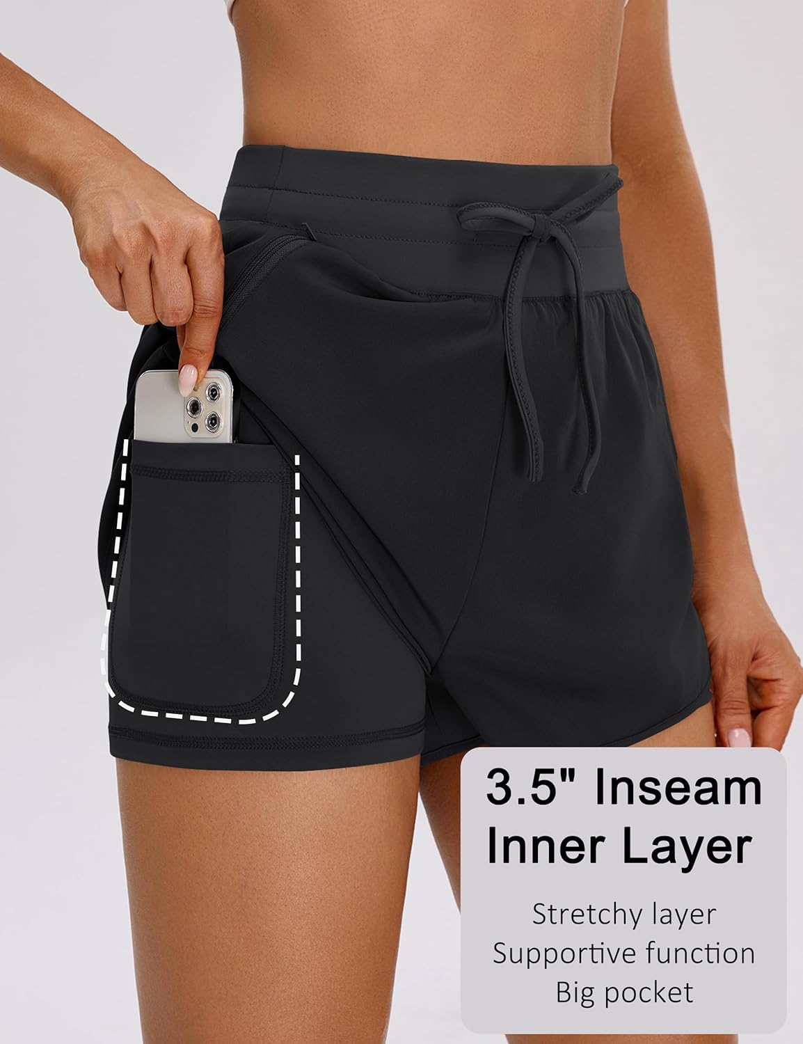 BMJL Womens 2 in 1 Running Shorts for Gym 2.5" Black High Waisted Drawstring Athletic Workout Shorts 3 Pockets - Image 5