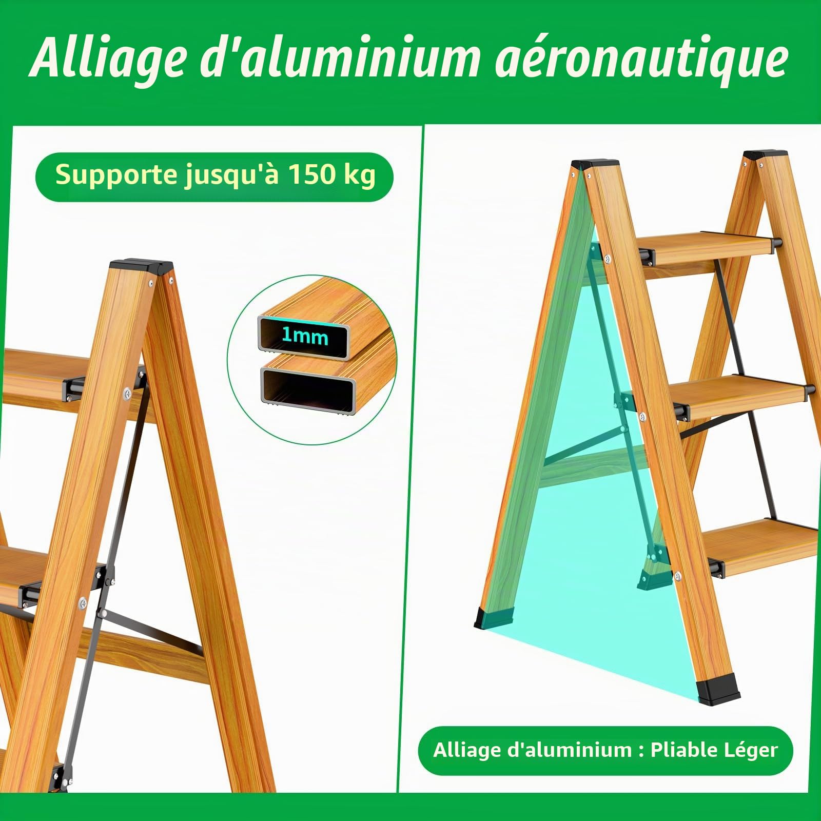 Échelle pliante à 3 marches en aluminium, portable, antidérapante, multifonction, avec design grain de bois, charge maximale : 150 kg, pour la maison, la cuisine, la salle de bain, le camping