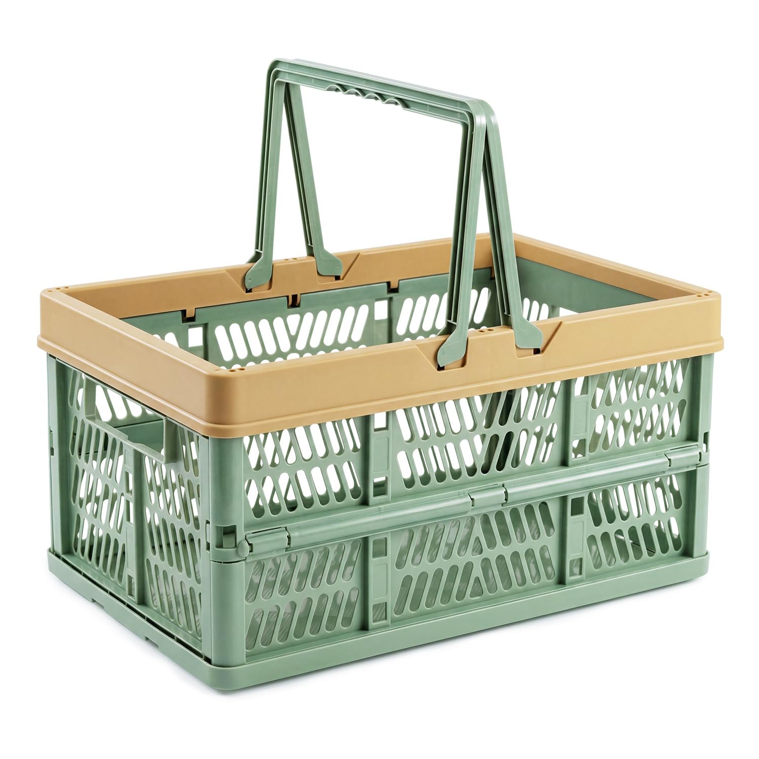 VALESKA 17inch Plastic Milk Crate,33L Collapsible Crate for Shopping and Storage, Foldable Shopping Basket with Handles,Car Trunk Basket,for Kitchen(Green)