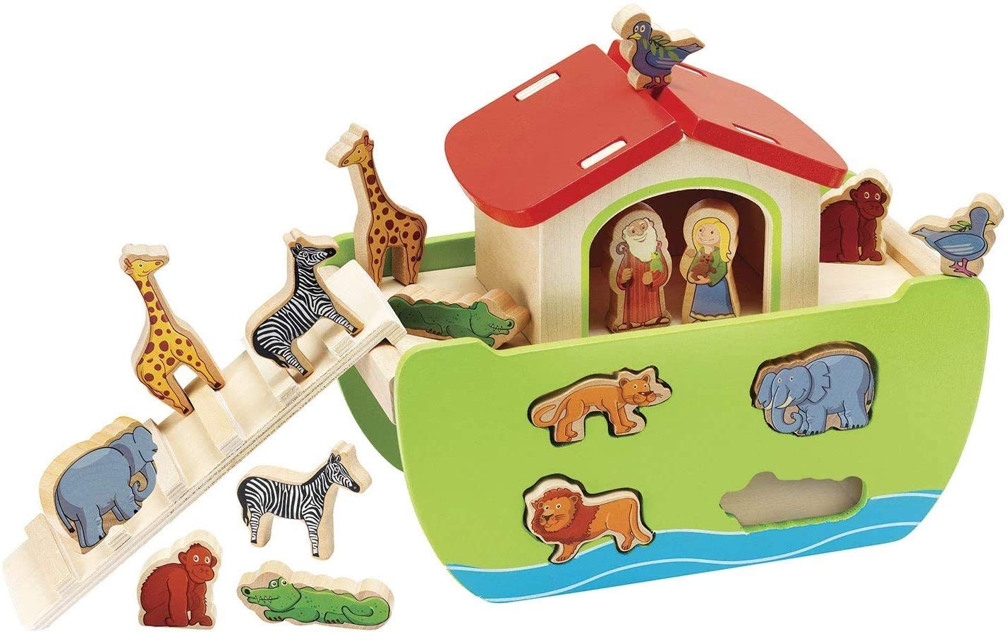 Eichhorn Wooden Noah's Ark Multi-Colour Shape Sorter Toy with 16 Colourful Animal Shapes & 2 Human Figures
