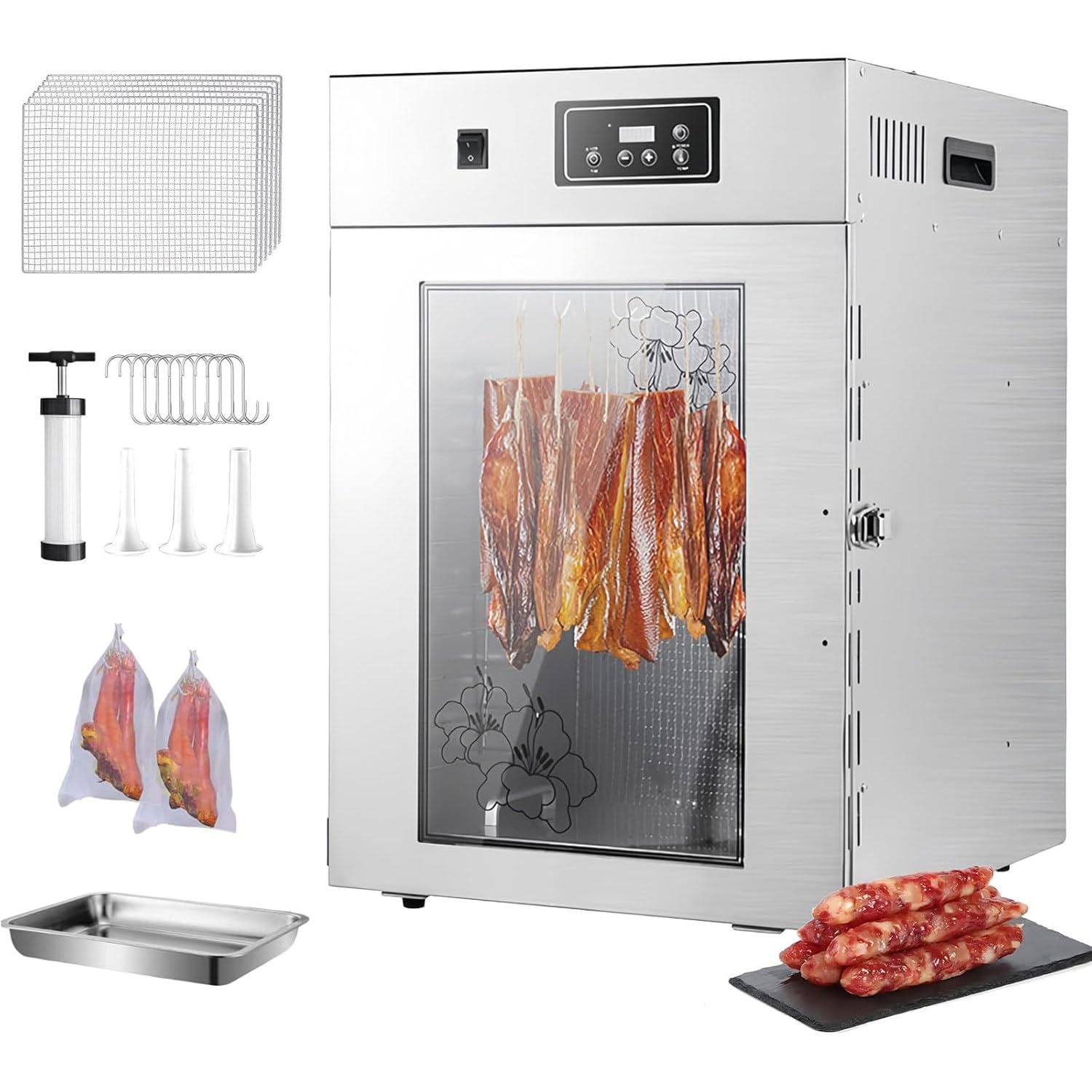 Suszarka do żywności do jerky, owoców, warzyw, ziół, przysmaków dla zwierząt, Pojemność suszenia 32L z regulacją temperatury i cyfrowym timerem 24h, 10 półek, 14 haków, Stal nierdzewna