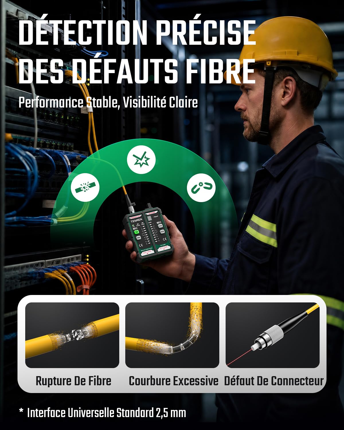 TESMEN TLP-528D Testeur réseau et mesureur VFL fibre optique avec connecteur 2,5 mm, traceur RJ45 Ethernet pour CAT5/CAT6 avec test de continuité, détecteur LAN/TEL et réparation domestique
