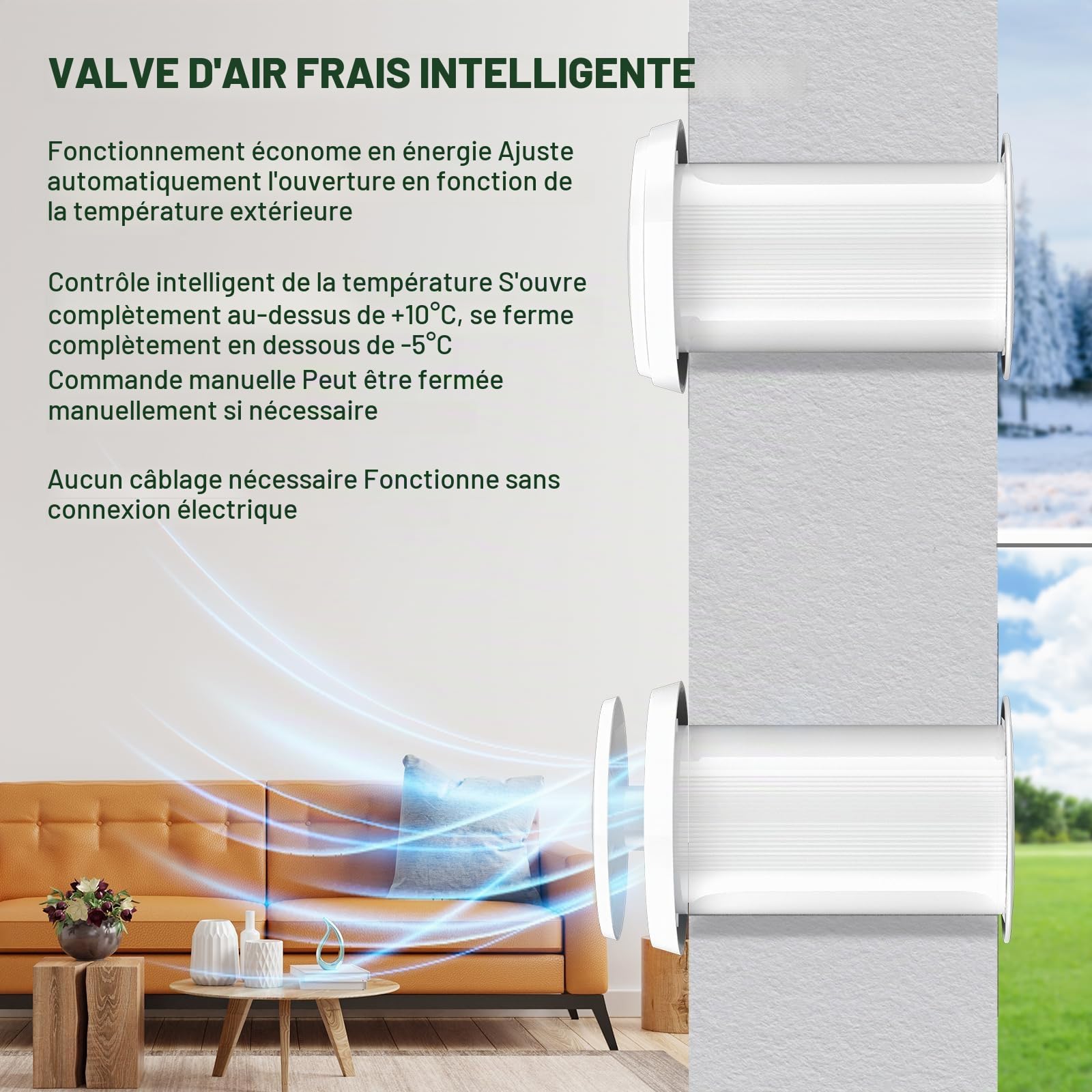 Bouche de ventilation thermostatique automatique – Système de ventilation | passive s'ouvre à >10°C / se ferme à <-5°C – pour sous-sol, garage, pièces de vie – sans moteur/électricité, Filtre à Charbon