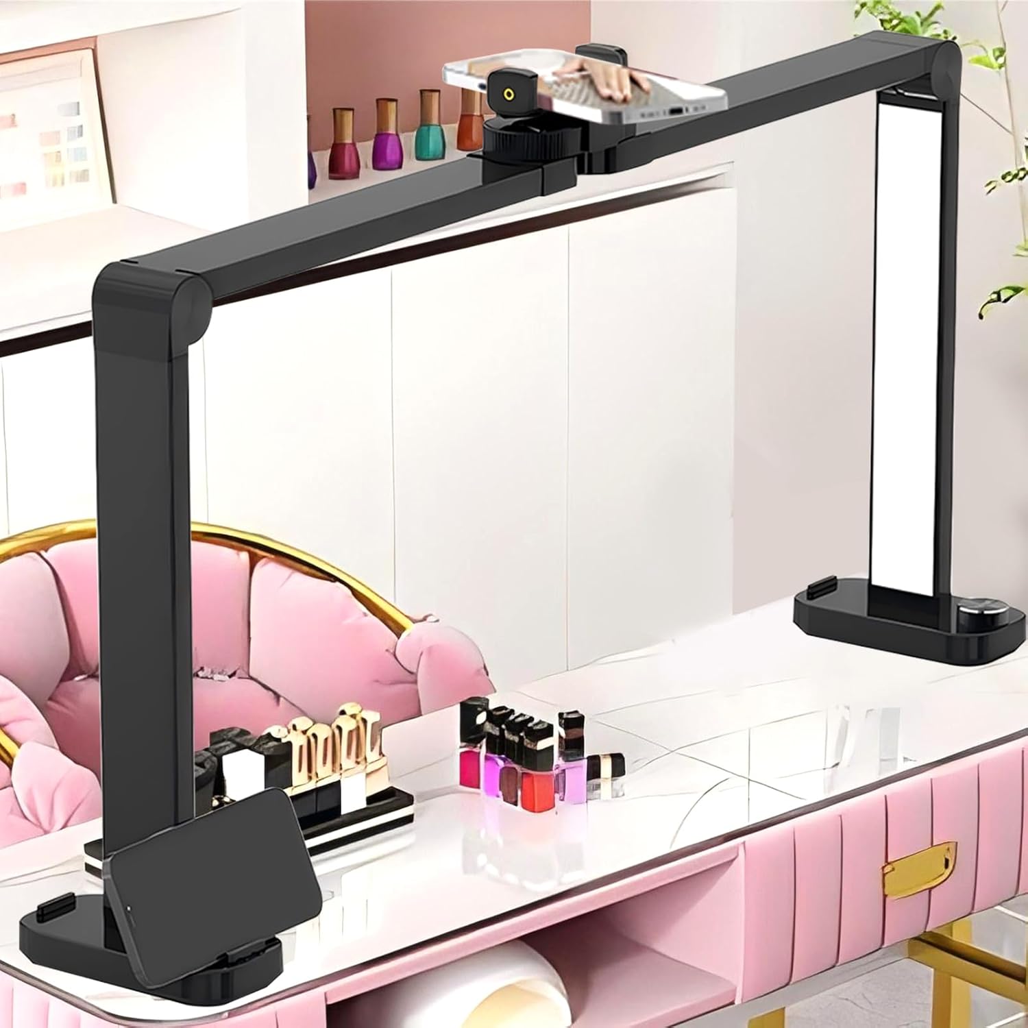 Innovation Half Moon Light for Nail Desk,34in Foldable Nail Tech Desk Lamp with Phone Holder,Nail Desk Lamp,Stepless Adjustment Lash Lamp for Eyelash Tech/Makeup/Tattoo/Salon,Black