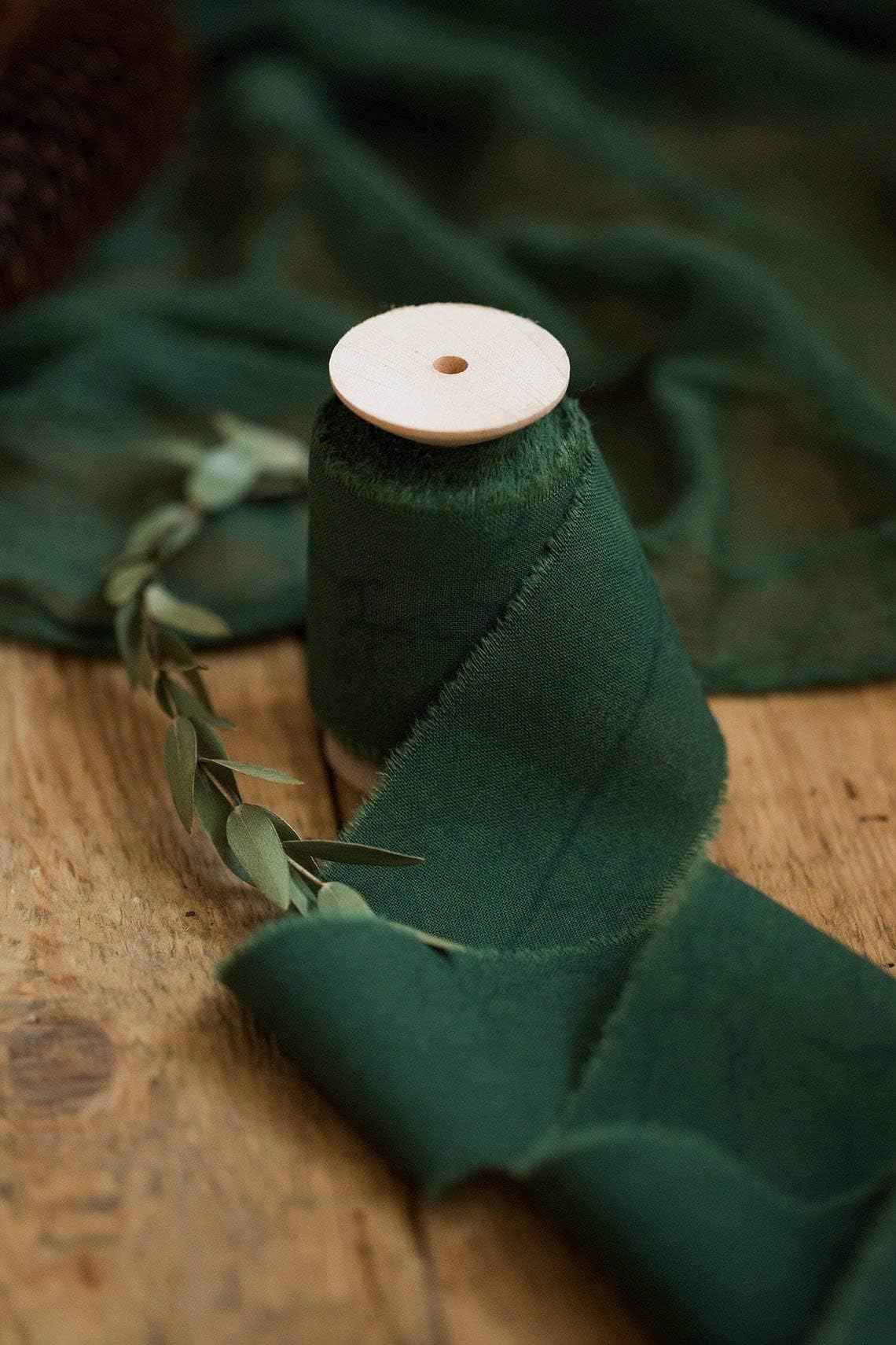 Dark green ribbon 2" wide 5yd Christmas cotton frayed edges hand dyed for Rustic wedding invitation ties favors gift wrapping Party decor bows Florist Bouquet supplies Flat lay styling props