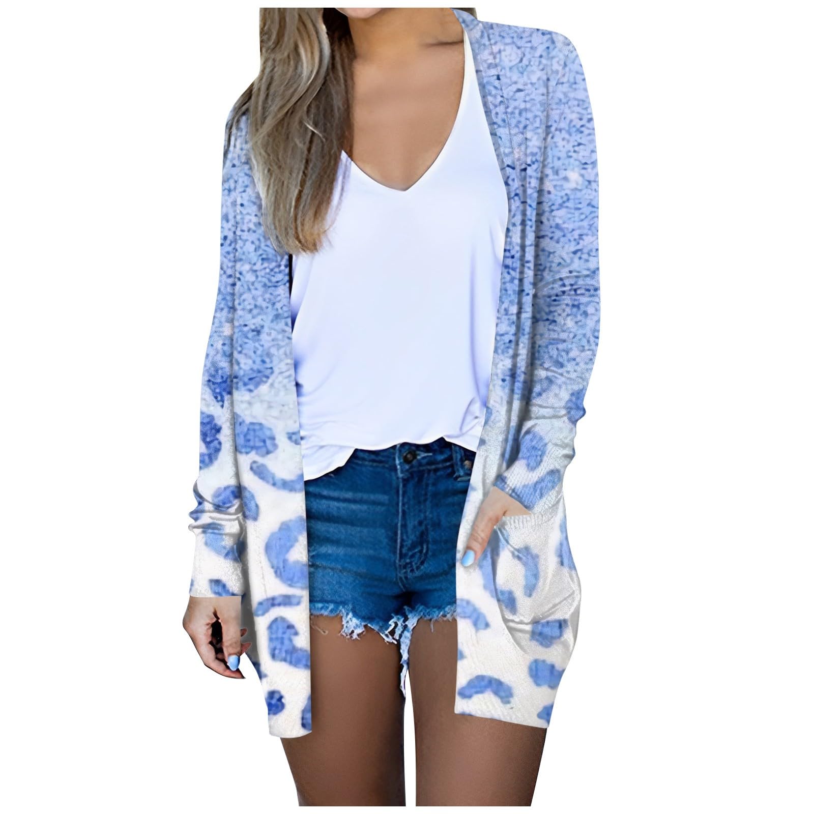 Tops for Women 2023 Fall Halloween Print Open Front Cardigan Long Sleeve Pocket Casual Loose Sweaters Coat