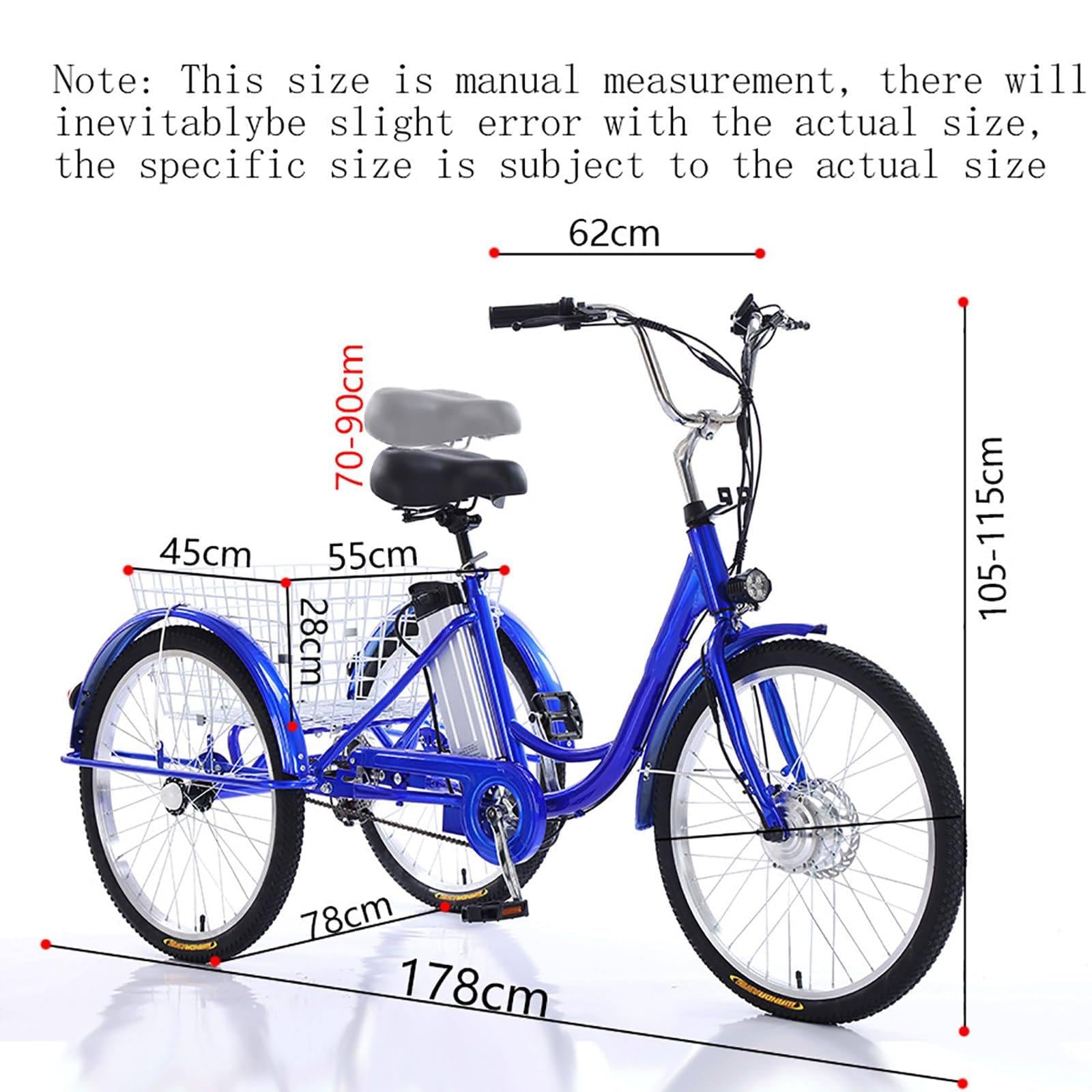 Triciclo elettrico a 3 ruote per adulti, bici da passeggio da 24 pollici, portata massima 150 kg, altezza regolabile, carrello per la spesa, rosso.
