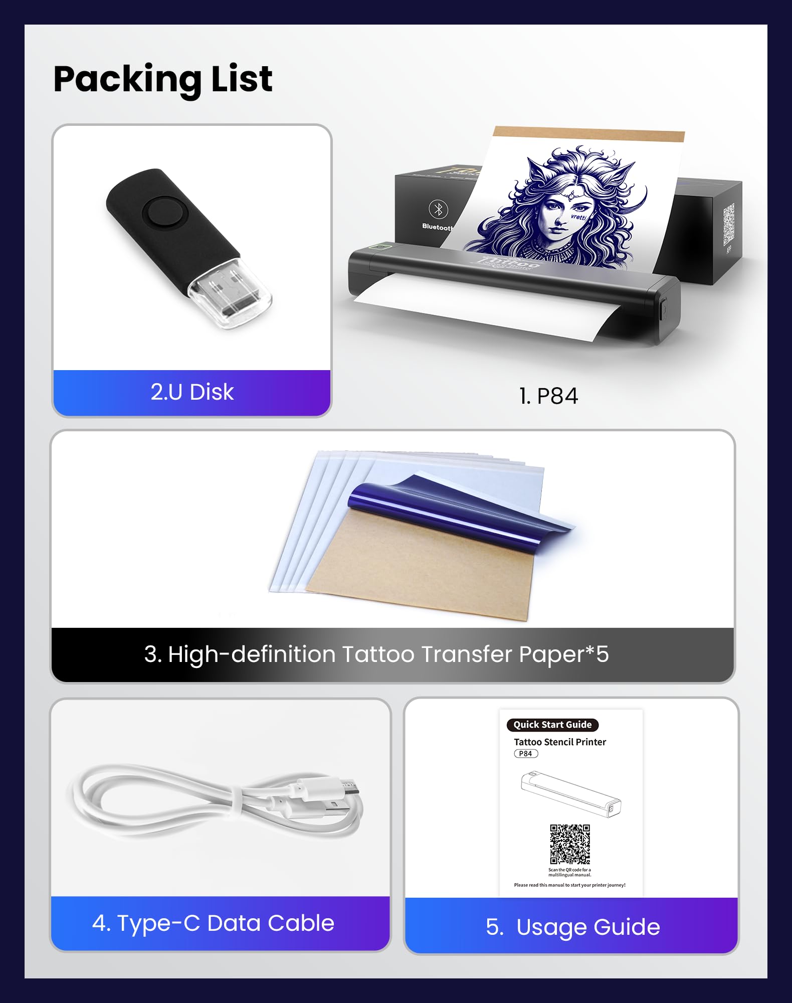 vretti Stampante Per Tatuaggi, Stampante Stencil Tattoo, 5 Pezzi Carta Trasferimento, Compatibile Smartphone PC