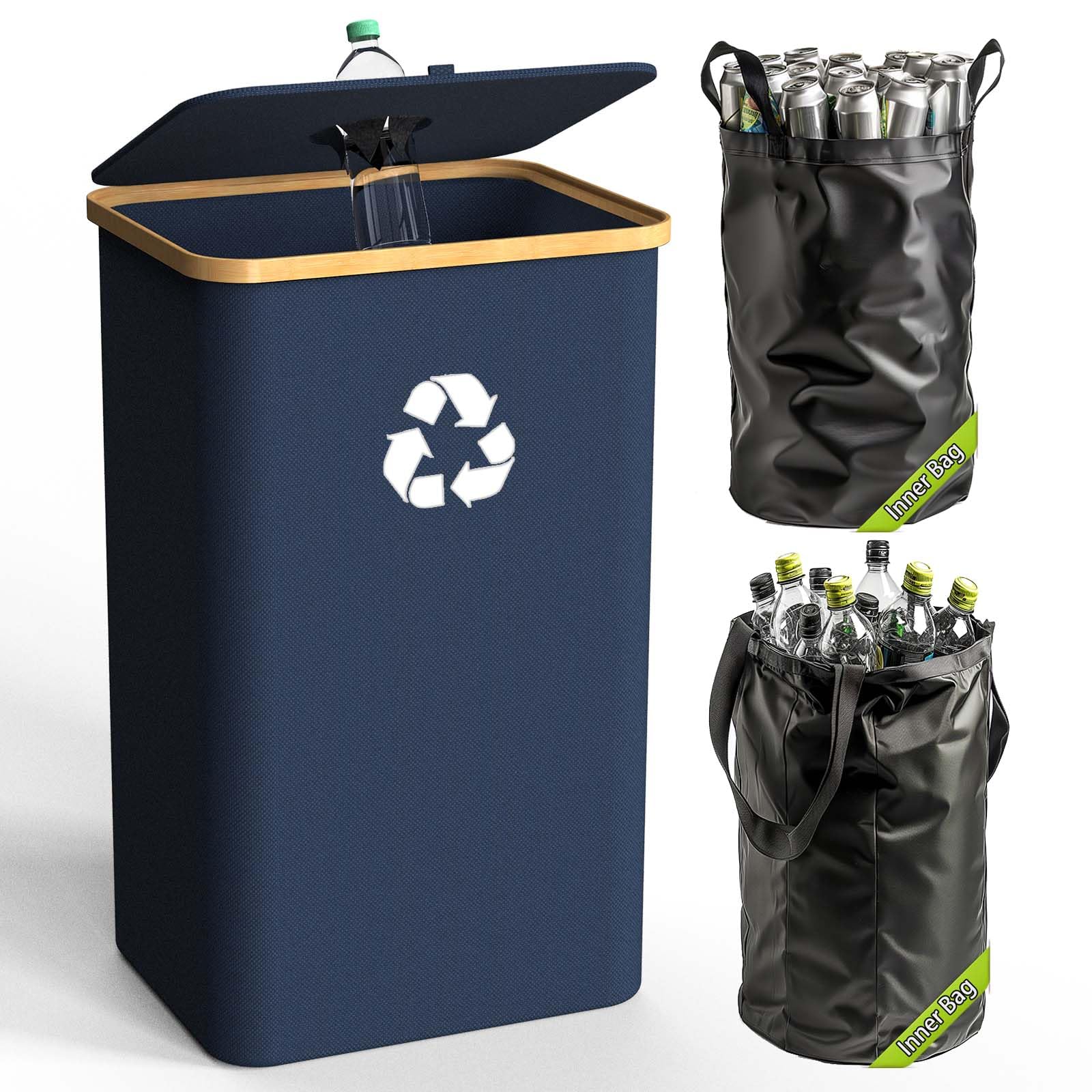 Pakusane Recycling Bin for Kitchen Indoor Home, Large 100L/ 26 Gallon Recycle Bin with Lid Removeable Reusable Inner Bag Bottle Can Glass Waste