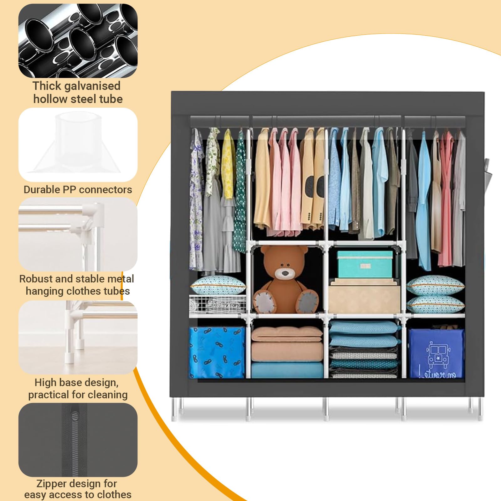 Armoire portable en tissu solide à suspendre pour chambre à coucher - Porte-vêtements en métal - Avec housse en tissu Oxford - 165 x 170 x 45 cm
