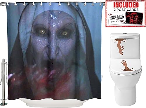 Juego de cortinas de ducha de Halloween para baño, diseño de monja aterradora 2 Conjuring The Nun II con temática de película de terror, decoración