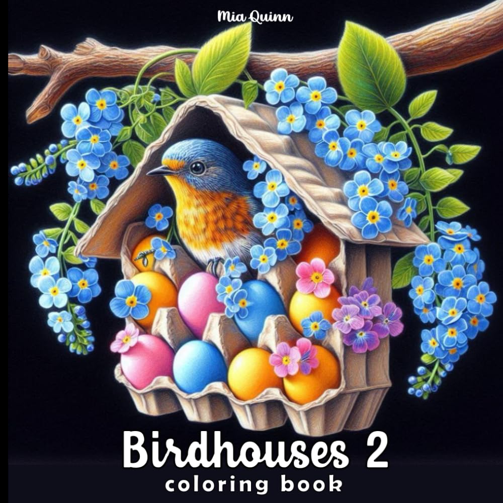 Birdhouses 2 Coloring Book: 50 Unique Birdhouse Shapes (Teapots, Lighthouses & More!) to Color on Striking Black Pages for Relaxation and Creativity (Fantasy Homes Coloring Books)