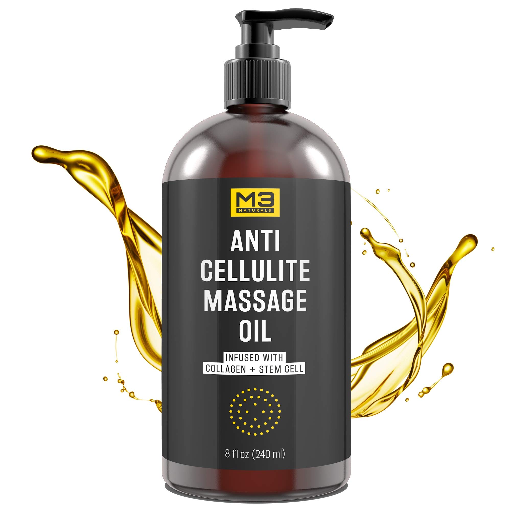 M3 Naturals Anti Cellulite Massage Oil Infused with Collagen and Stem Cell - Natural Lotion - Help Firm, Tighten Skin Tone - Treat Unwanted Fat Tissue, Stretch Marks - Cellulite Removal Cream