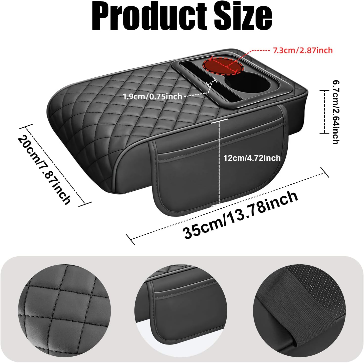 Car Center Console Armrest Cushion, Memory Foam Ergonomic Car Arm Rest Cushion with Cup Holder & Phone Storage& 2 Sided Pockets, Waterproof Leather Armrest Box Protector, 13.78" x 7.78" (Black)