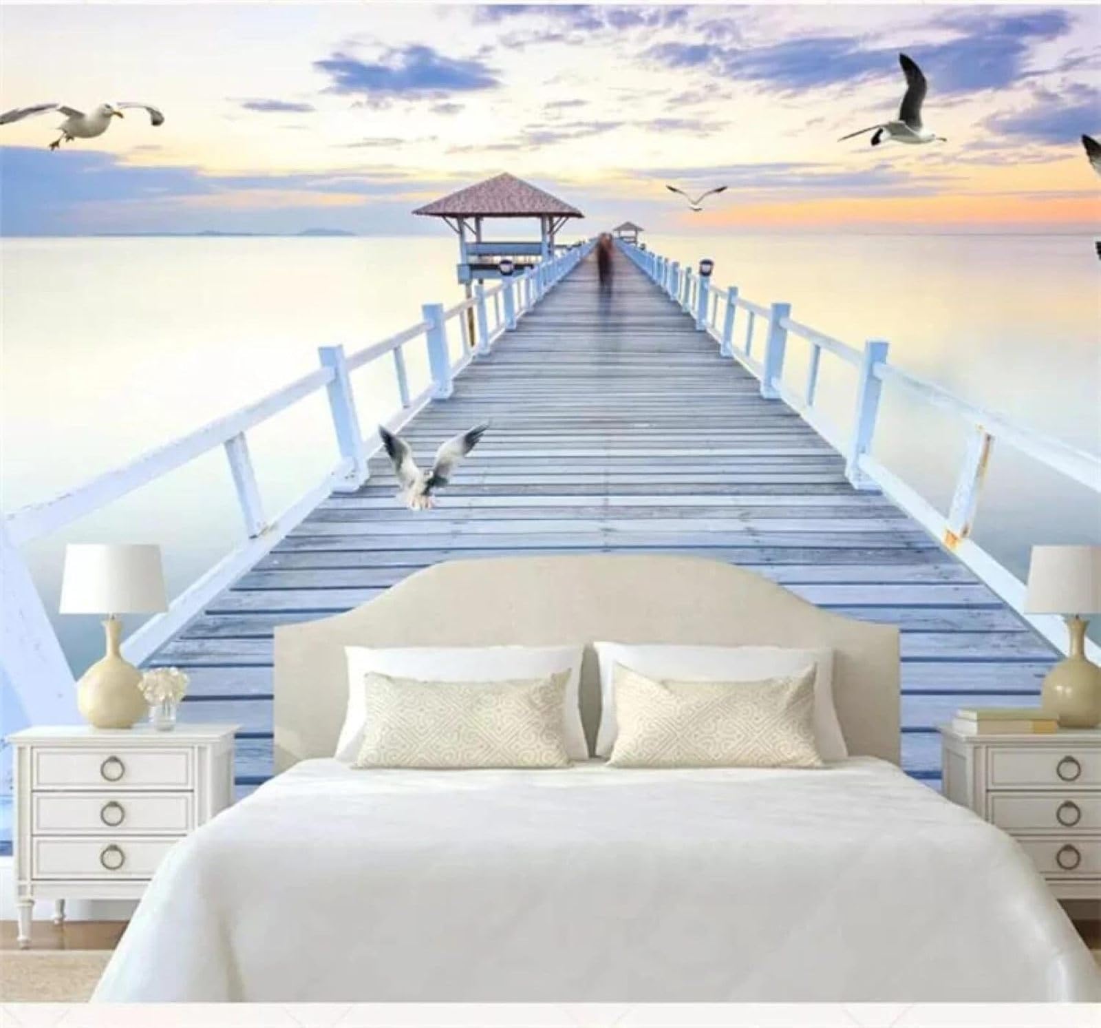 Tzxztt Beautiful Dusk Sea Wooden Bridge Seagulls Modern 3D Wallpaper Premium Textured Silk Neutral Tones Material Ideal for Living Room Bedroom-200cm×140cm