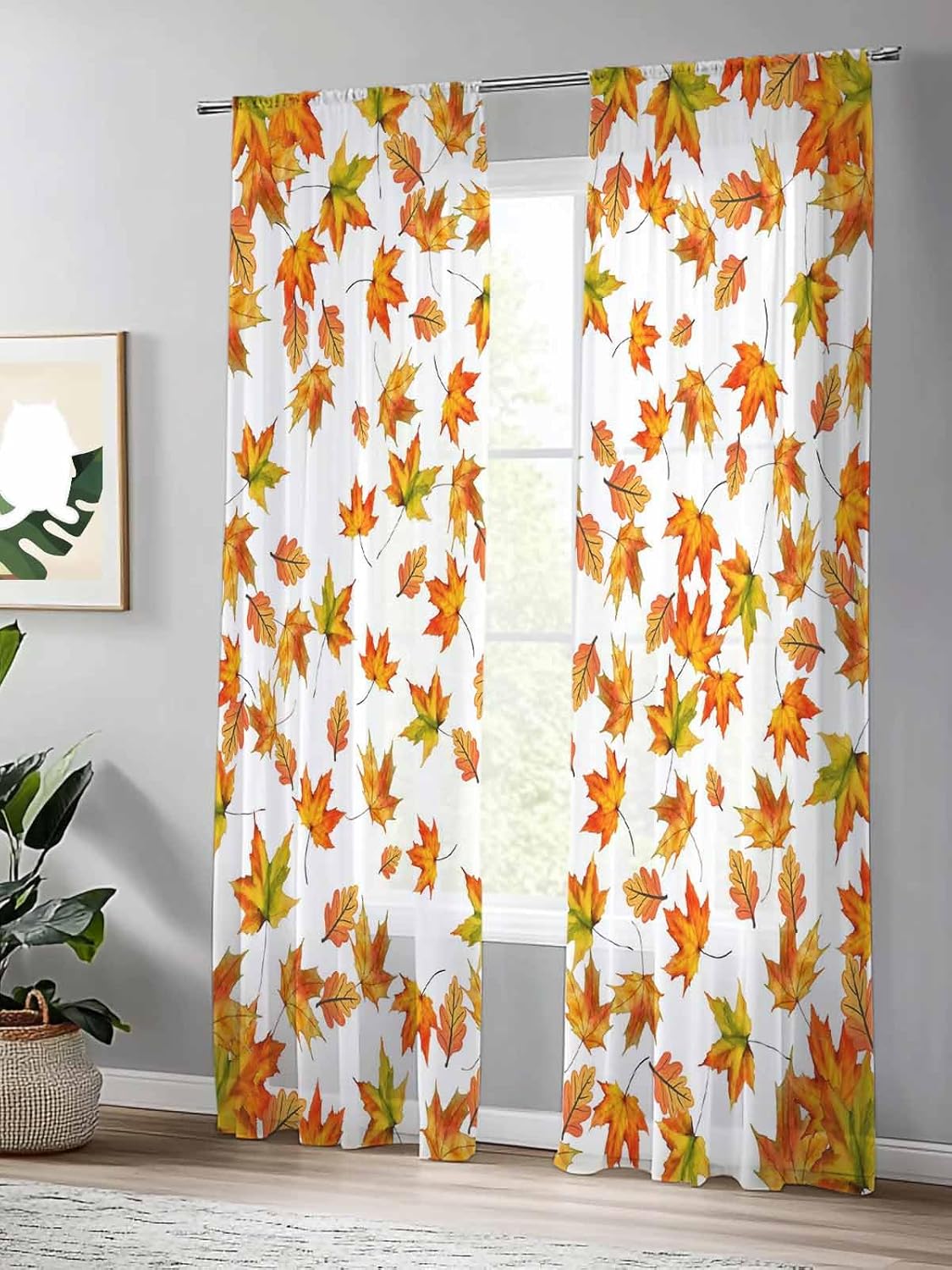 Fall Sheer Curtains 84 Inch Length 2 Panels Set, Harvest Fall Maple Leaves Kitchen Curtains Rod Pocket Orange Autumn Curtain for Bedroom Living Room, Thanksgiving Voile Window Treatment Decor Themed