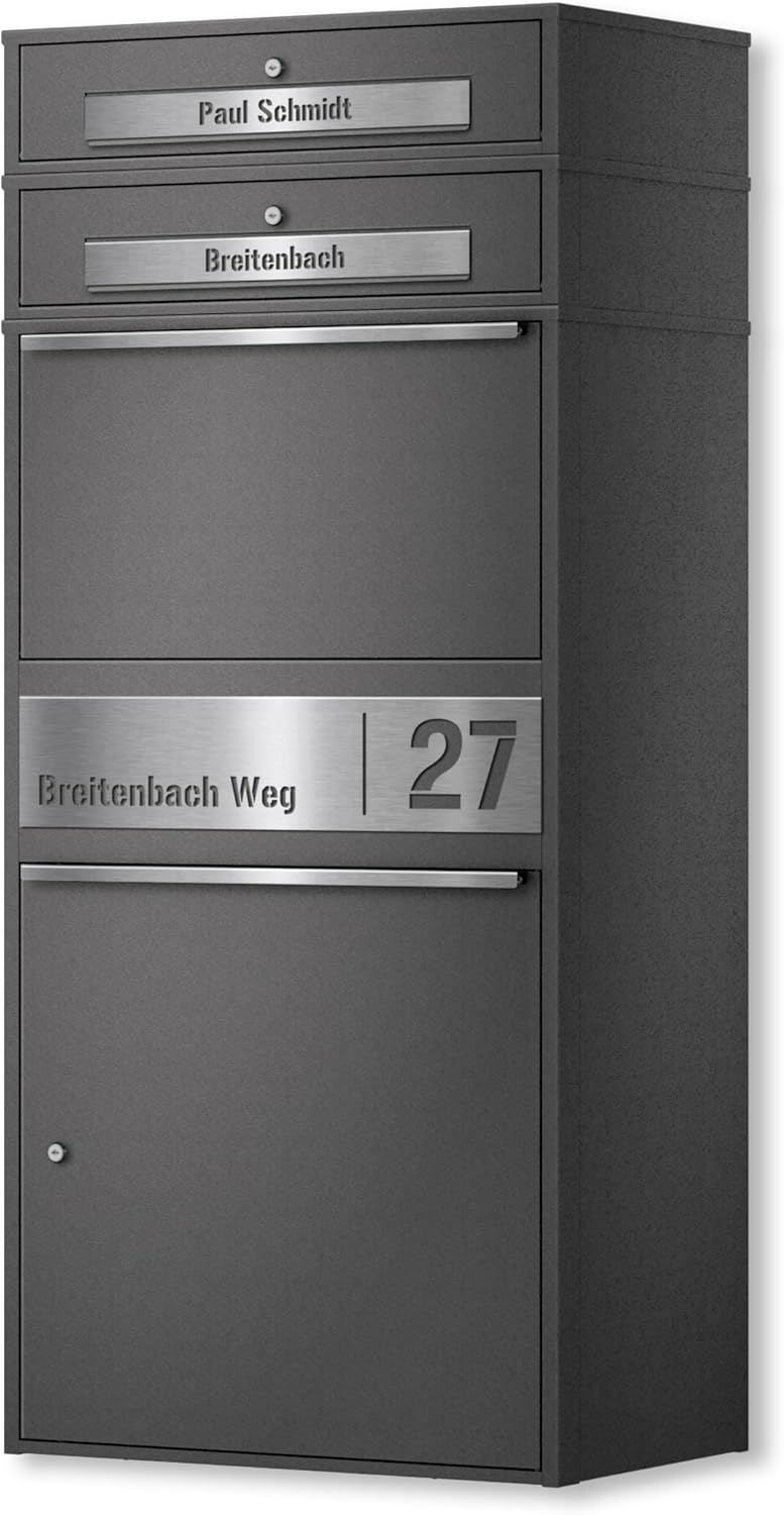 Bispo Max 2 Parcel Box with 3 Outdoor Letterboxes Large XXL, 3 Parcel Boxes with Parcel Compartment in DB 703 Iron Glimmer, Pack of 3 Personalised Stainless Steel Name Plate Engraving