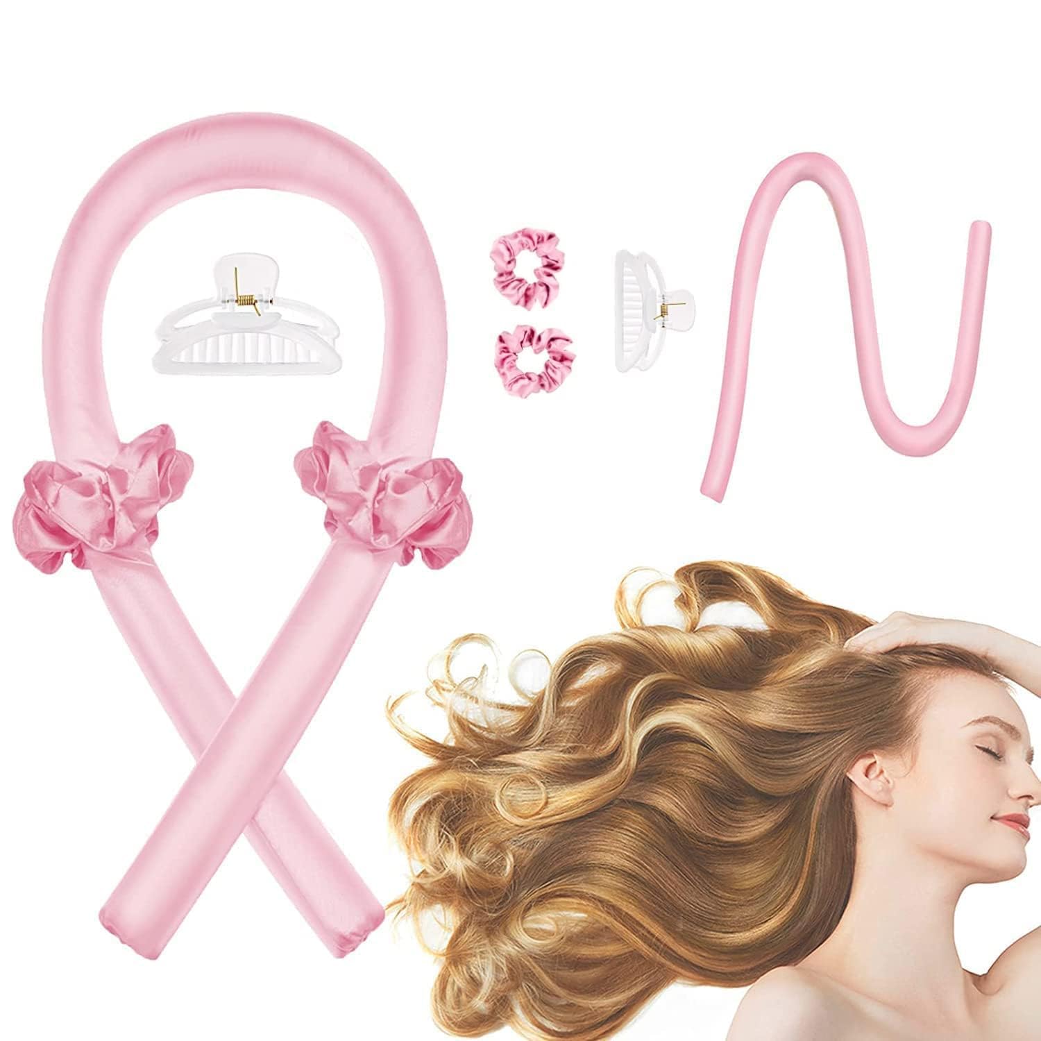 Heatless Curling Rod Headband Set, Soft Satin Curling Ribbon with Scrunchies and Claw Clip, Overnight No-Heat Hair Styling Tool for Women (Black)-image-46