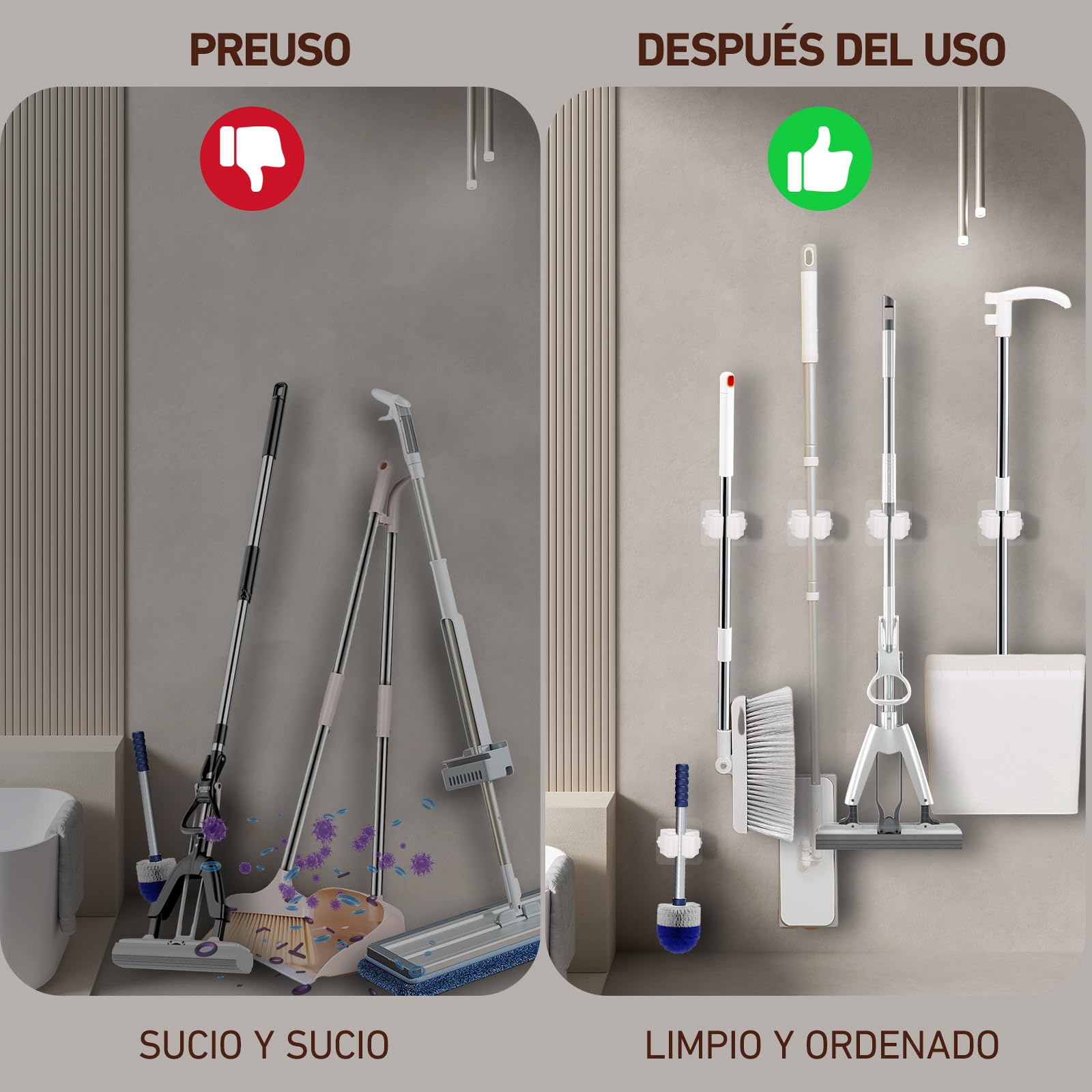 XIANGLONGY 10 Piezas Soporte Escobas Pared, Colgador Escoba y Fregonas Sin Perforar, Adhesivos Ganchos para Colgar Escobas, Organizador Soporte de Escobas para Baño Cocina Comedor Garaje