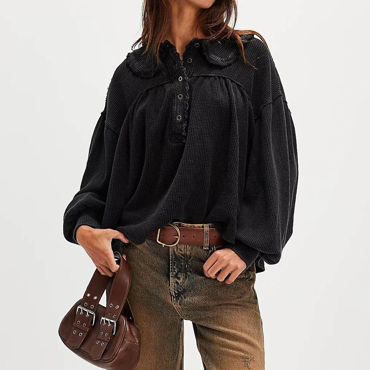 Women's Oversized Waffle Knit Top Peter Pan Collar Shirt Long Sleeve Button Up Blouse Loose Fit Fall Winter Casual - Image 3