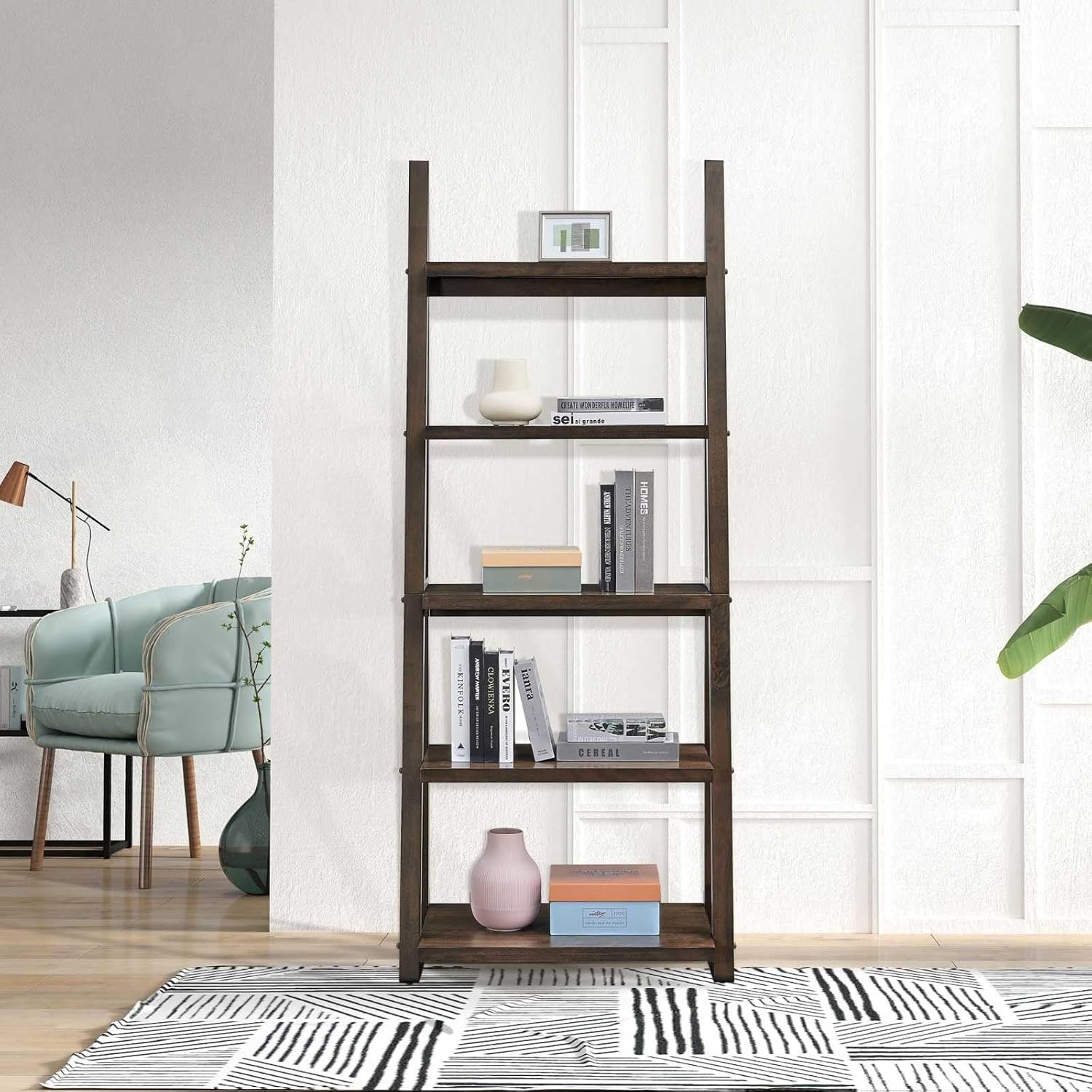 5-Tier Ladder Shelf, 72.01'' Tall Freestanding Bookshelf, Rustic Wood Storage Display Rack, Space-Saving Leaning Ladder Design for Living Room, Home Office, Rustic Brown