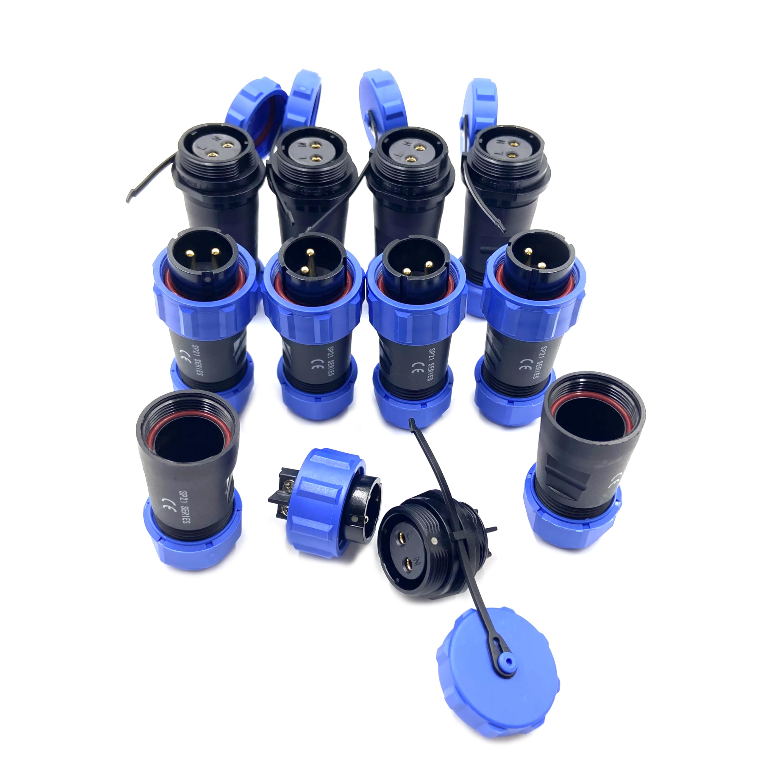 5 conectores de aviación SP21 de 2 pines, IP68 de 2 pines, sin soldadura, conector de aviación impermeable para lámparas exteriores, utiliza 500 V 30 A (cable de 12 AWG engarzado)