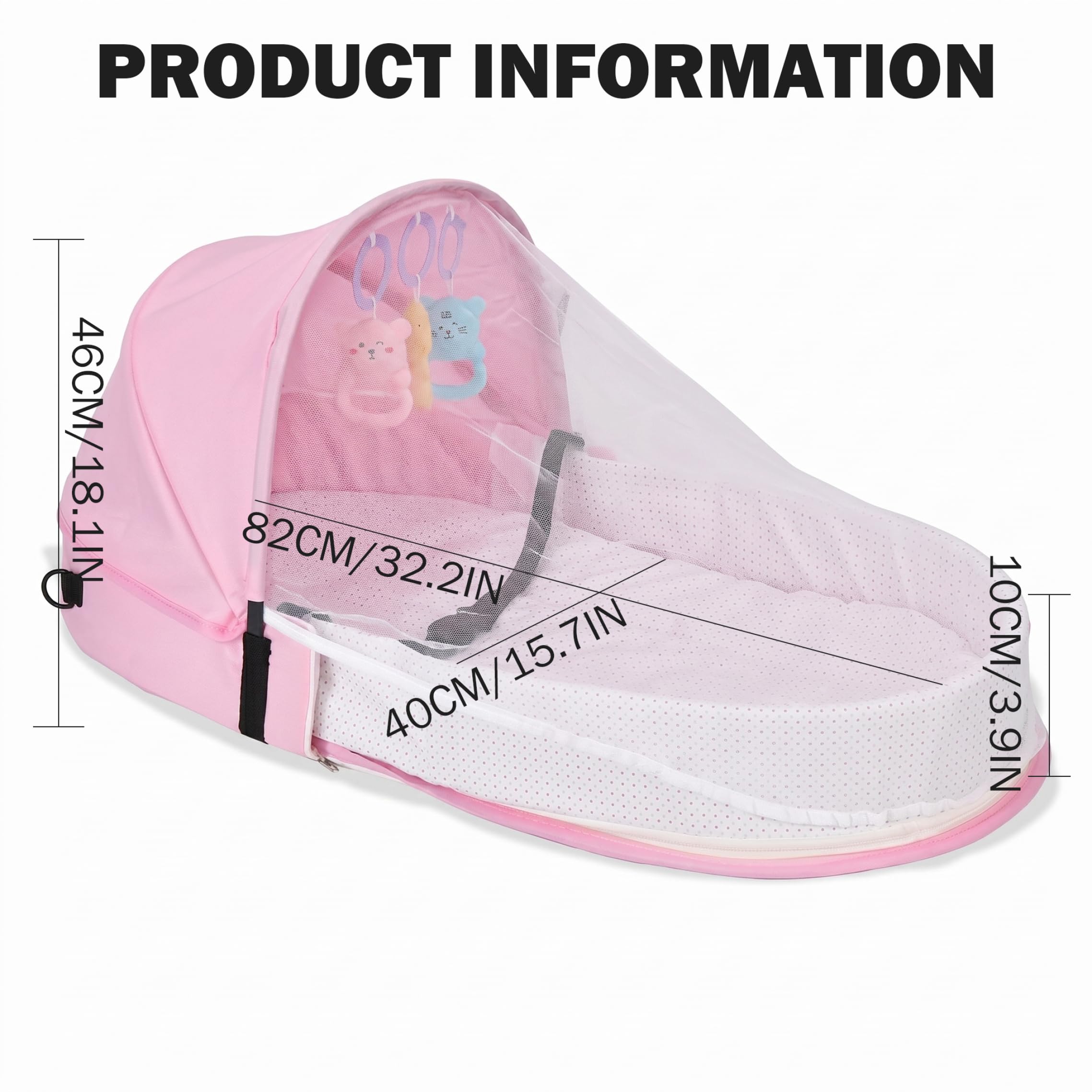 Cuna de viaje para bebé con red y dosel, tienda de campaña portátil para bebé, cuna plegable con barra de juguetes, transpirable para edades de 0 a 18 meses, rosa